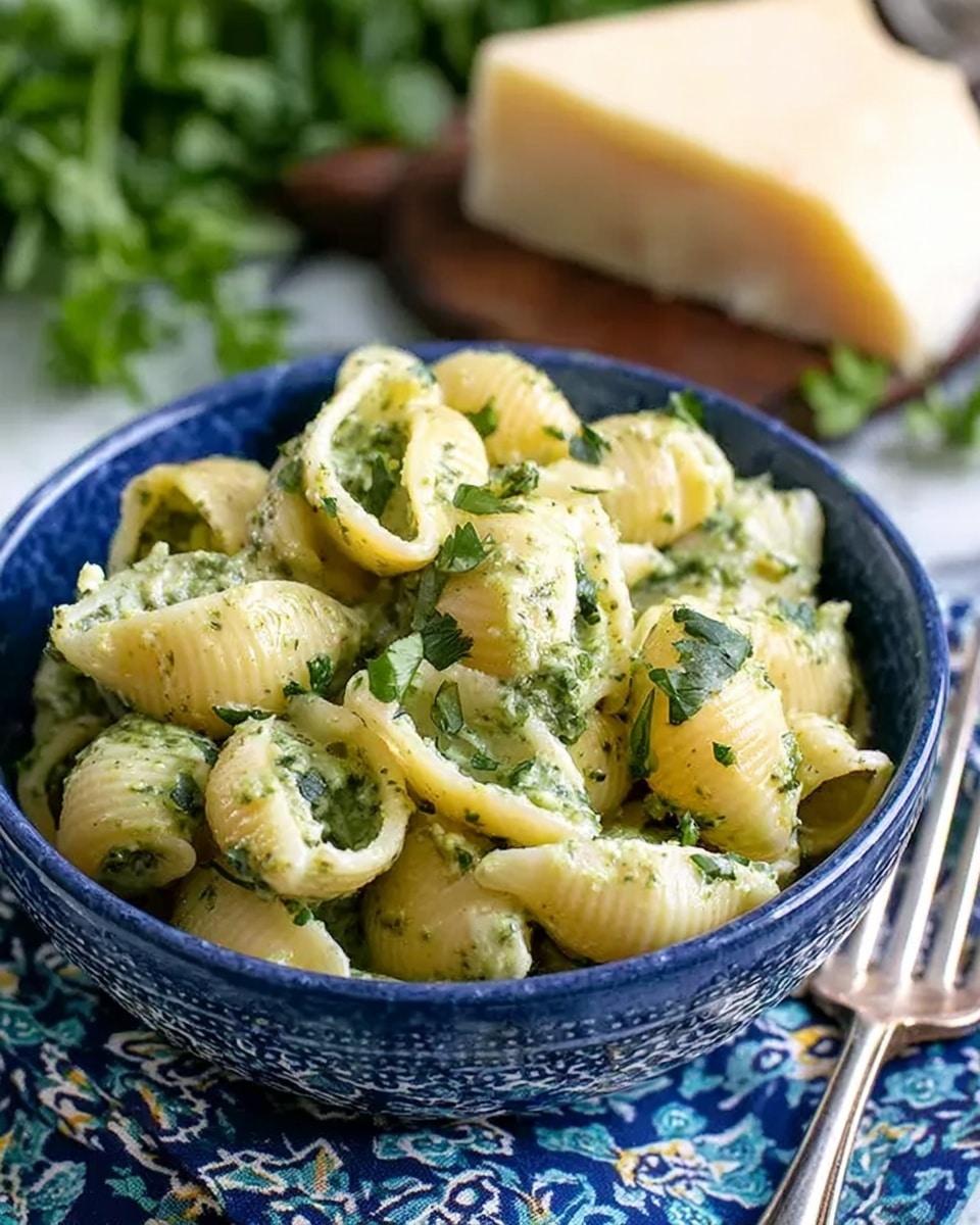 A close-up of a blue bowl filled with pasta shells covered in a creamy green sauce with small bits of herbs mixed through. The pasta appears soft and coated evenly, showing a smooth texture and slight gloss, while fresh green herbs add a speckled look. The bowl is set on a blue and white patterned cloth, with a block of cheese and some green leaves blurred in the white marbled background. A silver fork rests beside the bowl, emphasizing the setup for eating. Photo taken with an iphone --ar 4:5 --v 7
