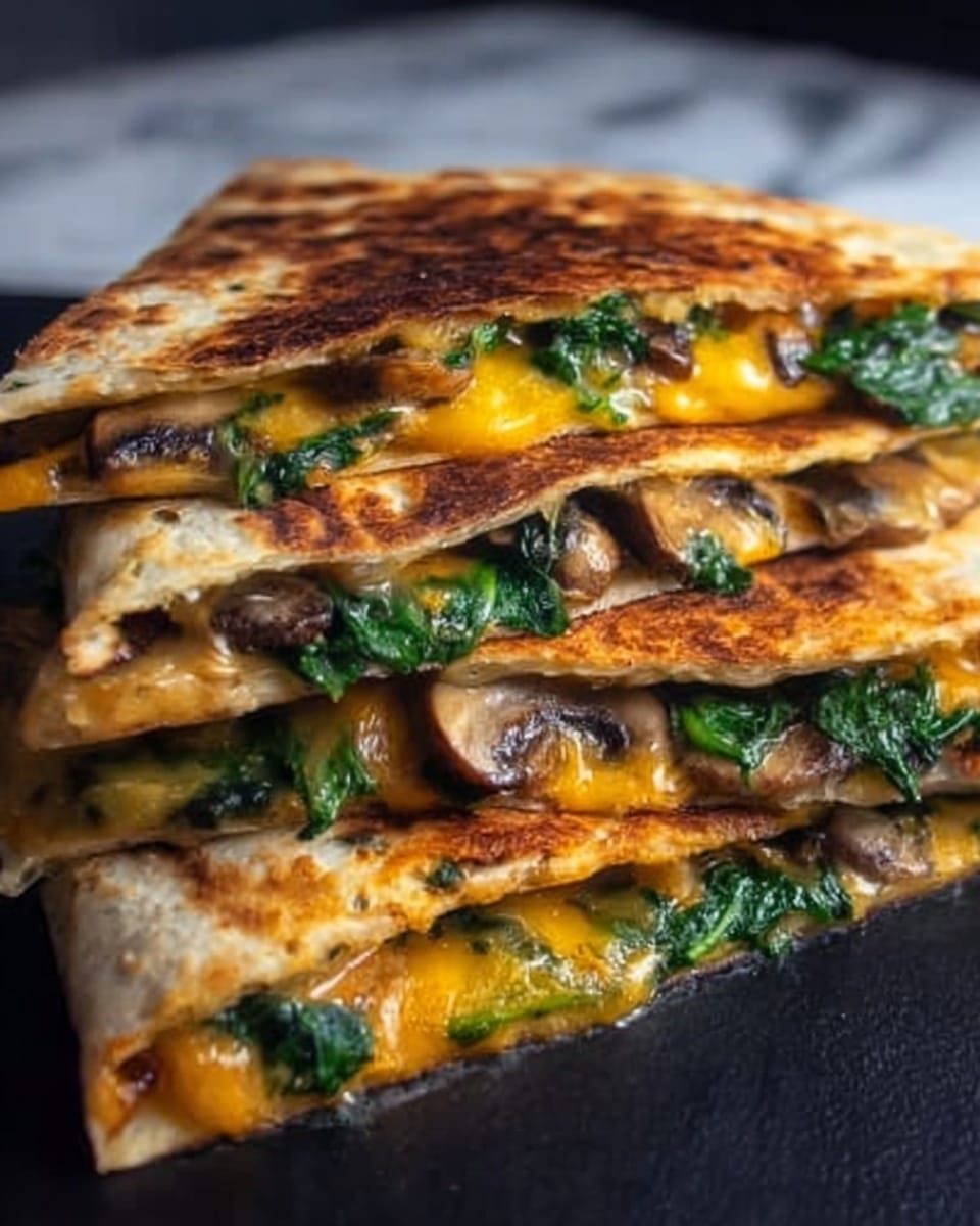 The image shows a close-up of three folded quesadilla slices stacked on top of each other on a white marbled surface. Each quesadilla has a golden-brown toasted exterior with dark grill marks, and inside, you can see melted bright orange cheese combined with sautéed mushrooms and fresh green spinach leaves. The layers inside are thick with melted cheese stretching slightly, while the mushrooms add a soft texture and the spinach adds a fresh, leafy contrast within the warm, toasted tortilla. The lighting highlights the warm colors and textures of the filling and crispy outside. Photo taken with an iphone --ar 4:5 --v 7