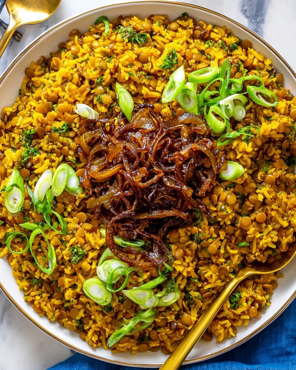 A large white bowl filled with a vibrant yellow and brown rice and lentil mix, showing a textured blend of cooked grains with small green herb pieces scattered throughout. On top of this base layer, there is a mound of glossy, caramelized dark brown onions placed in the center. Bright green sliced spring onions are sprinkled mainly on one side, adding a fresh pop of color. A gold spoon is partially submerged on the right side, resting on the bowl’s edge. The bowl sits on a white marbled surface with a blue napkin visible in the lower right corner. Photo taken with an iphone --ar 4:5 --v 7