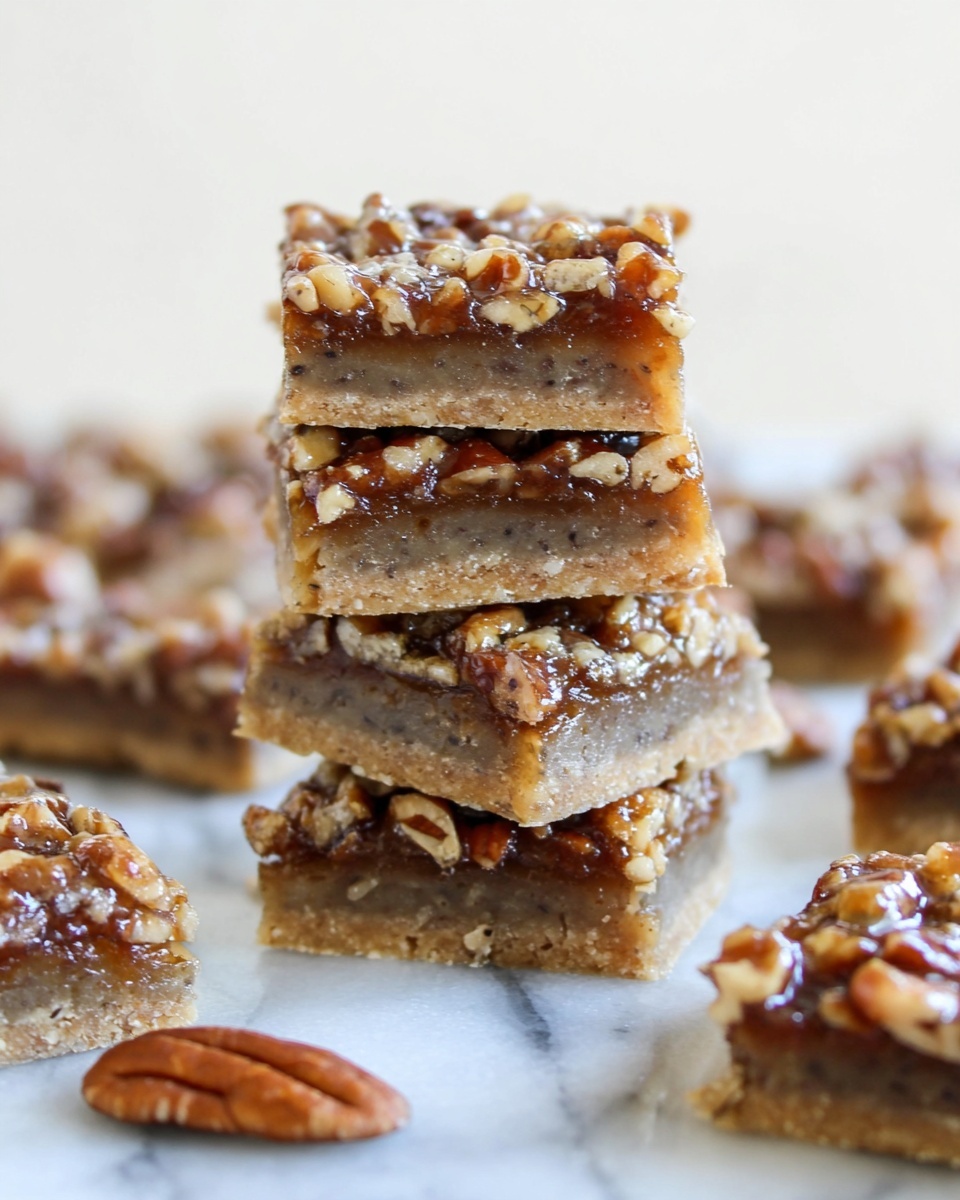 A stack of four square nut bars sits on a white marbled surface. Each bar has three visible layers: the bottom layer is a light brown, firm base, the middle layer is a slightly softer medium brown filling, and the top layer is covered with a thick layer of glossy caramel and chopped pecans, giving a textured, nutty look with golden and brown tones. Around the stack are additional bars and scattered nut pieces, with the focus clearly on the layered bar stack in the center. photo taken with an iphone --ar 4:5 --v 7