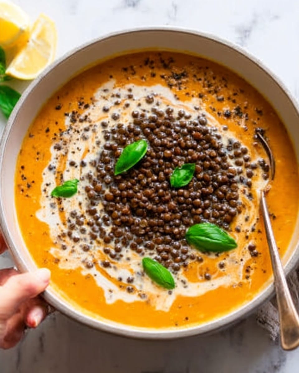 A white bowl filled with a creamy orange soup topped with a thick layer of cooked lentils in the center, creating a textured dark brown patch. A swirl of cream is visible, creating a light, smooth layer merging with the soup. A few small green basil leaves are placed on top of the lentils as garnish. A woman's hand holds a spoon resting inside the bowl. The background surface has a white marbled texture. Photo taken with an iphone --ar 4:5 --v 7