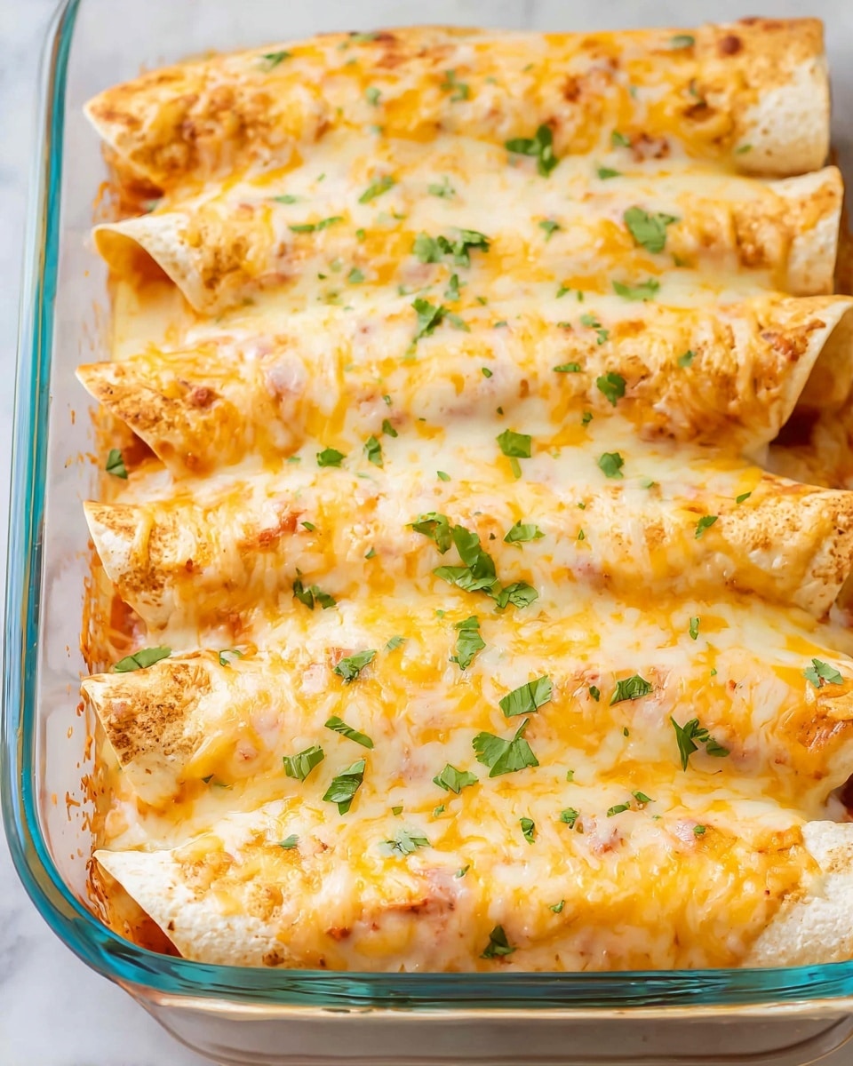 A clear glass baking dish filled with five rolled enchiladas lined up closely, each covered with a golden melted cheese layer that has a slightly bubbly texture and light orange spots, topped with small green cilantro leaves scattered evenly, the edges of the tortillas visible under the cheese showing a soft tortilla texture with hints of sauce beneath, all set on a white marbled surface. photo taken with an iphone --ar 4:5 --v 7