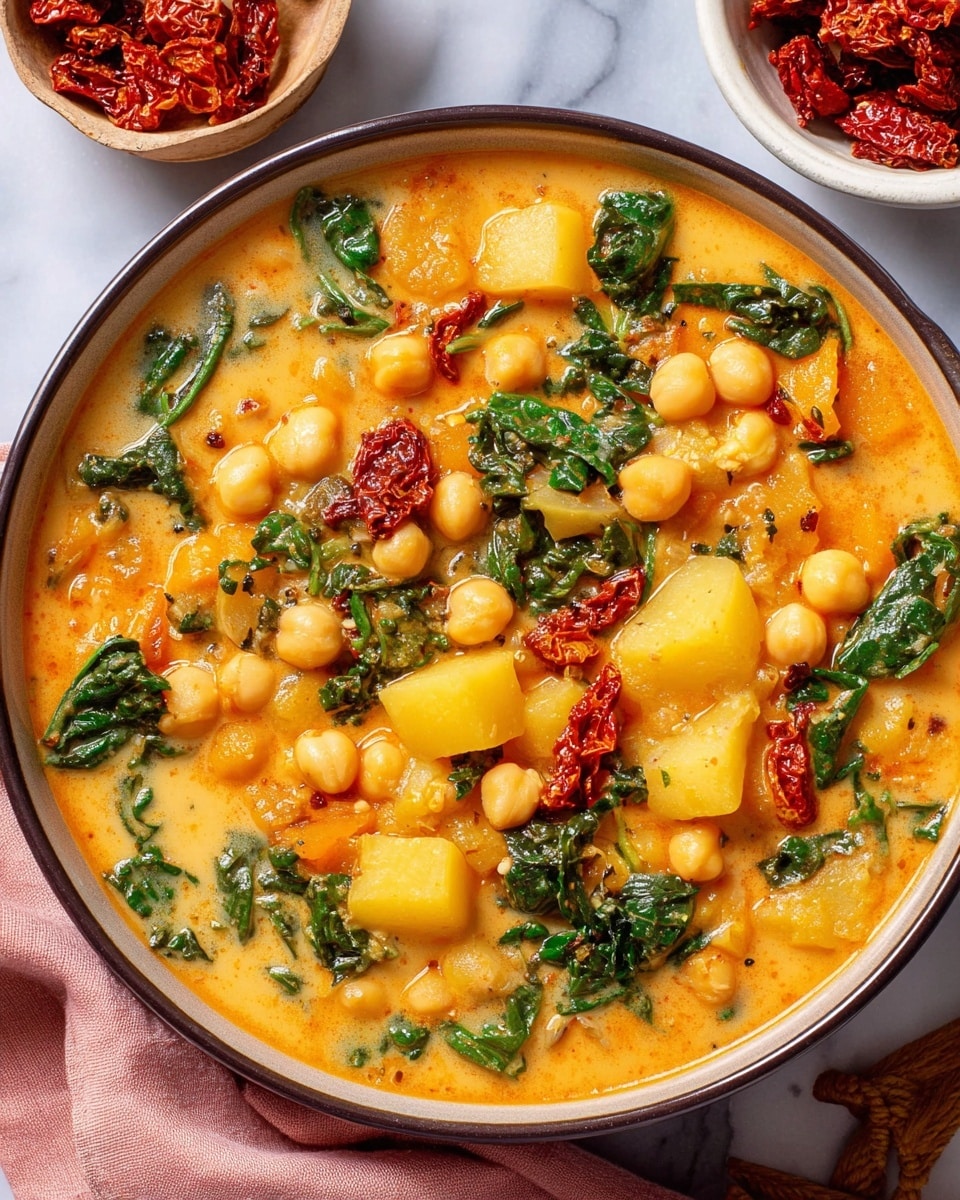 A deep bowl filled with a thick orange stew containing soft, round chickpeas, yellow potato chunks, dark green leafy pieces, and small pieces of reddish-brown sun-dried tomatoes scattered throughout. The stew looks creamy with a slightly oily surface, and the bowl sits on a white marbled surface with a soft pink cloth nearby and a small white bowl filled with more sun-dried tomatoes to the side. Photo taken with an iphone --ar 4:5 --v 7