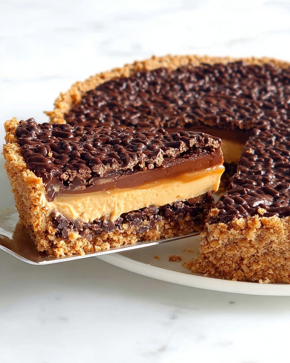 A close-up of a pie with three visible layers on a white marbled surface; the bottom layer is a crumbly light brown crust with a rough texture, the middle layer is thick and smooth with a creamy caramel color, and the top layer is dark brown with a bumpy texture from crunchy chocolate rice crispy pieces. A slice of the pie is being lifted by a metal spatula, showing the clear separation of the layers. The whole pie rests flat on a white plate, with the slice slightly above it. Photo taken with an iphone --ar 4:5 --v 7