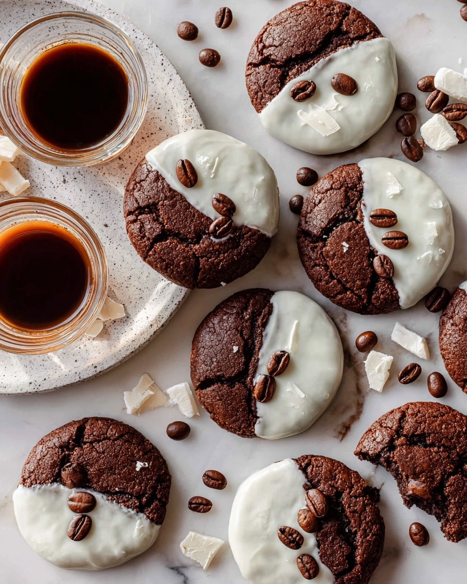 The image shows several round chocolate cookies with a cracked texture, each half covered with smooth white icing on the top. Dark brown coffee beans are scattered on top of each cookie, adding texture and contrast. Some cookies are whole, while a few are broken, revealing a moist inside. The cookies lie on a white marbled surface, surrounding a white speckled plate that holds coffee beans and a small glass cup filled with dark espresso coffee. White chocolate shavings are also scattered around, adding more light texture to the scene. The overall lighting is soft and natural, highlighting the glossy glaze and rough cookie surface. photo taken with an iphone --ar 4:5 --v 7