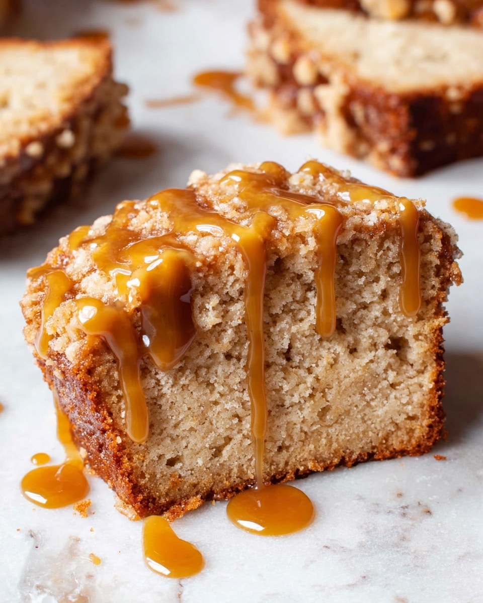 A thick slice of crumbly beige cake with a golden-brown crust sits on a white marbled textured surface, topped with shiny golden caramel sauce drizzled in lines from the top, dripping down the sides. The cake looks soft and moist with a rough crumb texture visible. In the background, other slices of the same cake are partially visible, also resting on the white marbled texture. Photo taken with an iphone --ar 4:5 --v 7