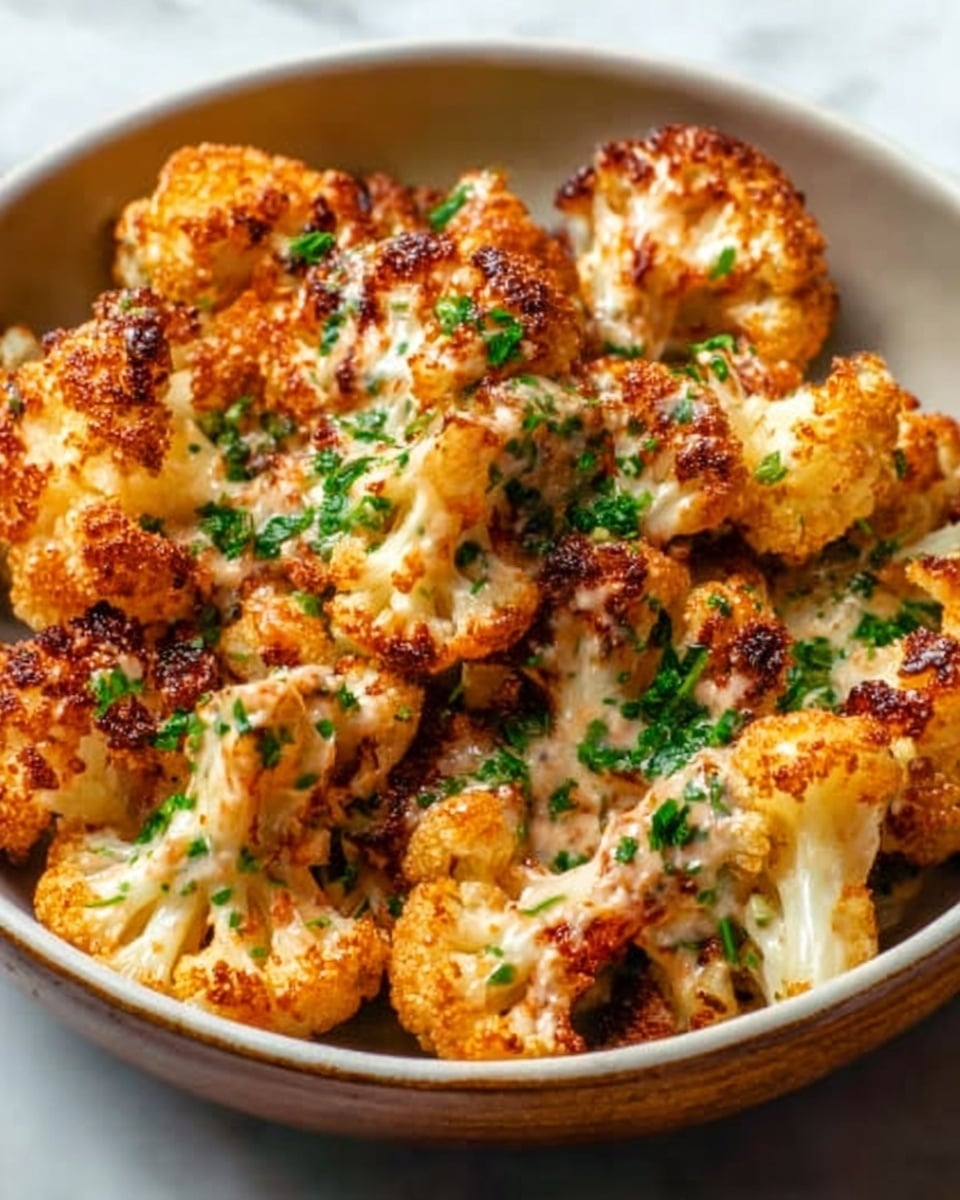 A close-up view of roasted cauliflower florets layered in a deep white bowl, each floret golden brown with slightly charred edges, showing a crispy texture. The cauliflower is coated in a creamy, cheesy sauce with a light orange tint covering each piece unevenly, topped with finely chopped green herbs scattered all over. The bowl sits on a white marbled surface. photo taken with an iphone --ar 4:5 --v 7
