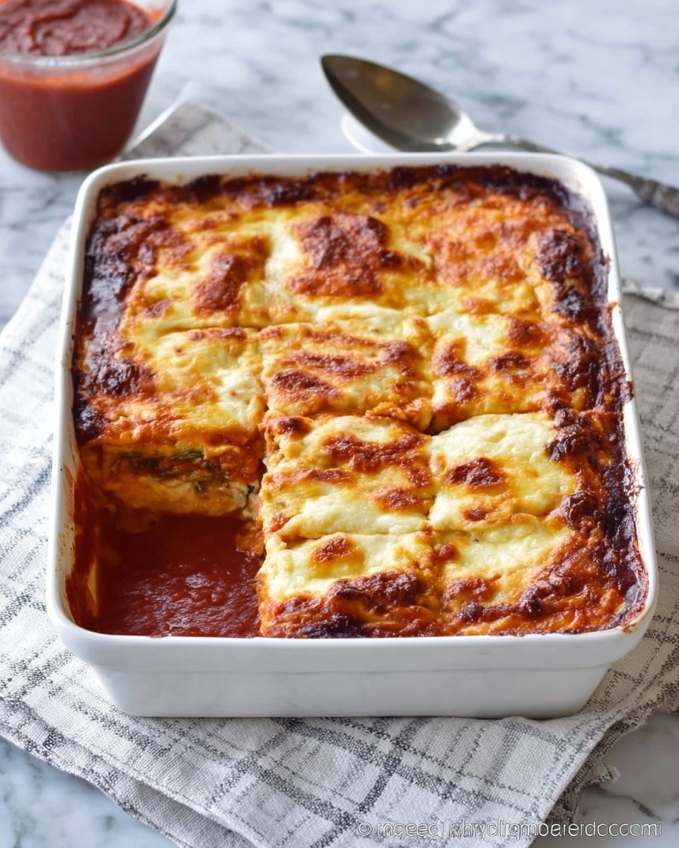 A white rectangular baking dish contains a baked layered dish cut into five pieces. The top layer is golden brown cheese with some darker browned spots, showing a bubbly and slightly crispy texture. Below the cheese, there is a visible rich red sauce that surrounds the edges, seeping out slightly around the dish. The layers under the cheese look soft and moist, with hints of green herbs. The dish is placed on a white and grey striped cloth on a white marbled surface. Behind it, there is a glass container with red sauce and a metal spoon partly visible, with a woman’s hand not shown but implied nearby. photo taken with an iphone --ar 4:5 --v 7