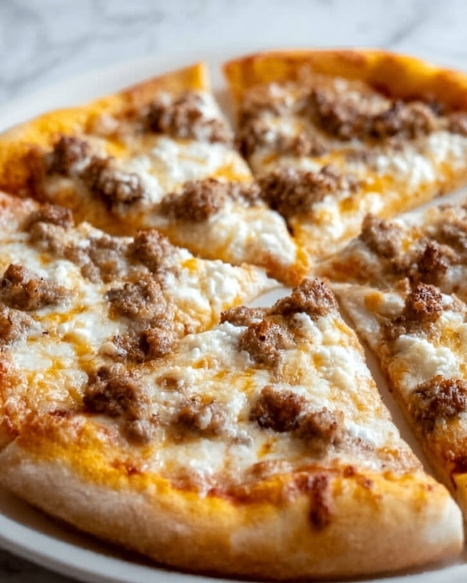 The image shows a close-up of a round pizza cut into slices on a white plate. The pizza has a golden brown crust that looks slightly crispy and fluffy around the edges. The first layer is a smooth light orange tomato sauce spread evenly across the dough. On top, there is a melted layer of pale yellow cheese that covers the sauce fully. Scattered on the cheese are small chunks of browned sausage with a slightly crumbly texture. The colors of the sausage pieces are a mix of light and dark brown, adding a nice contrast to the cheese. The background is a white marbled texture. photo taken with an iphone --ar 4:5 --v 7