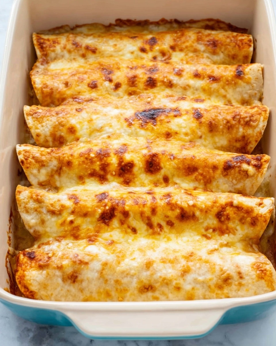 The image shows a close-up of a white baking dish filled with six enchiladas lined up side by side. Each enchilada is covered with a golden-brown layer of melted cheese with some darker toasted spots, giving it a slightly crispy texture. The edges of the tortillas are hidden beneath the cheese, with just a small part of the soft, light tan tortilla visible under the topping. The dish sits on a white marbled surface, emphasizing the warm, baked look of the food. Photo taken with an iphone --ar 4:5 --v 7