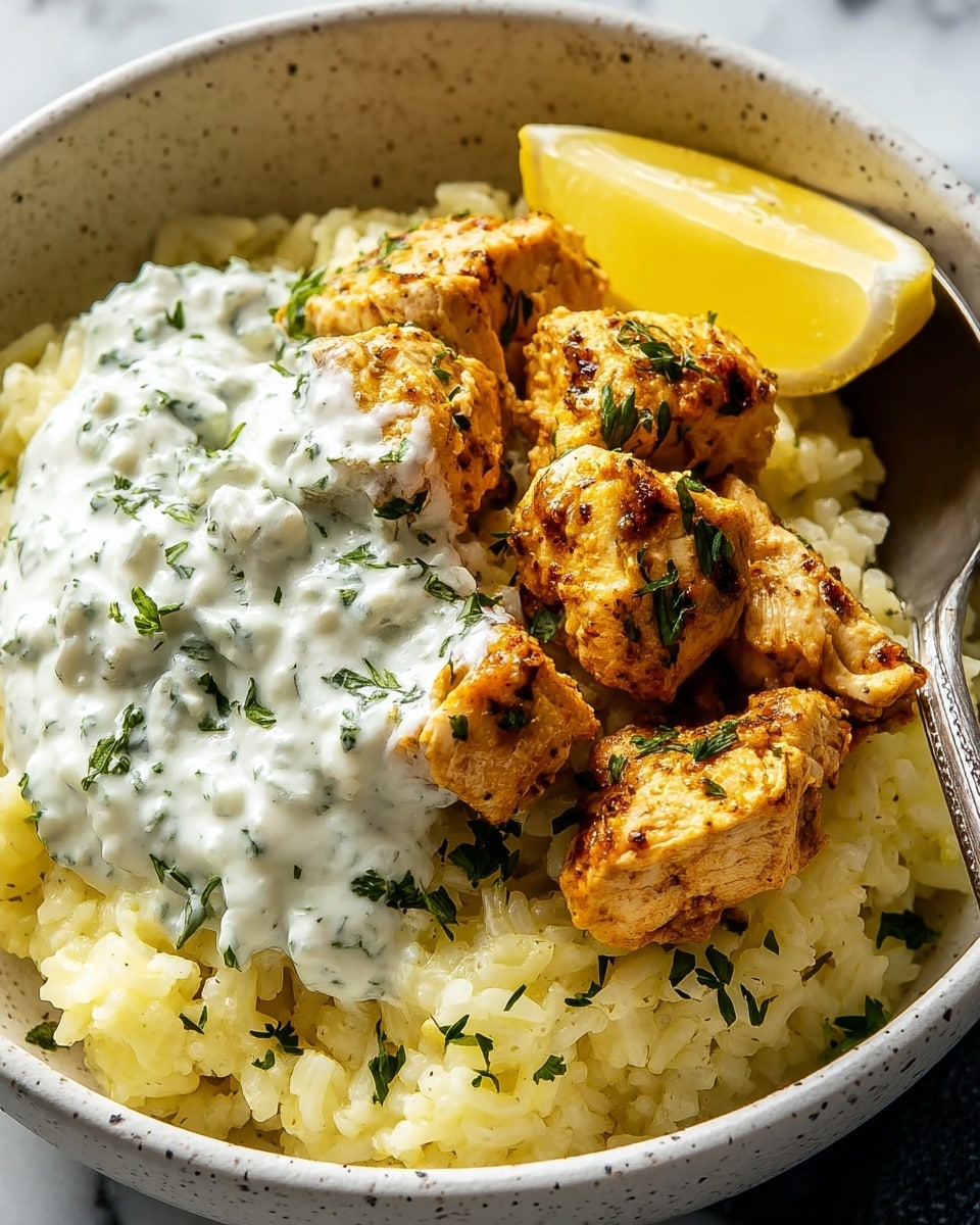 The image shows a close-up of a white speckled bowl filled with three layers: the bottom layer is creamy cooked rice with a soft, fluffy texture and light yellow tones; the middle layer consists of several chunks of grilled chicken, golden brown with visible seasoning and small green herb pieces scattered on top; the top layer is a spoonful of white creamy sauce mixed with chopped green herbs placed on the rice and chicken. To the side, there is a bright yellow lemon wedge resting on the rice near a metal spoon. The bowl sits on a white marbled surface. photo taken with an iphone --ar 4:5 --v 7
