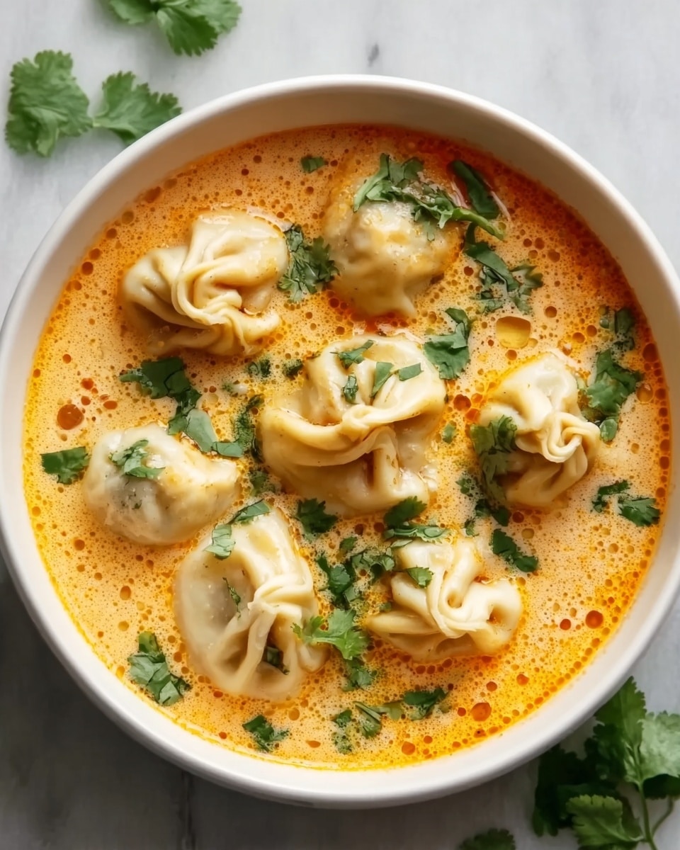 The image shows a white bowl filled with a creamy orange soup, with seven dumplings floating on top. Each dumpling is light beige, shaped like small pouches with twisted tops, and slightly wrinkled in texture. The soup surface looks smooth with tiny bubbles and small drops of oil, giving it a glossy finish. Fresh green cilantro leaves are scattered over the soup and dumplings, adding a pop of color. The bowl sits on a white marbled surface with a few cilantro leaves around it. Photo taken with an iphone --ar 4:5 --v 7