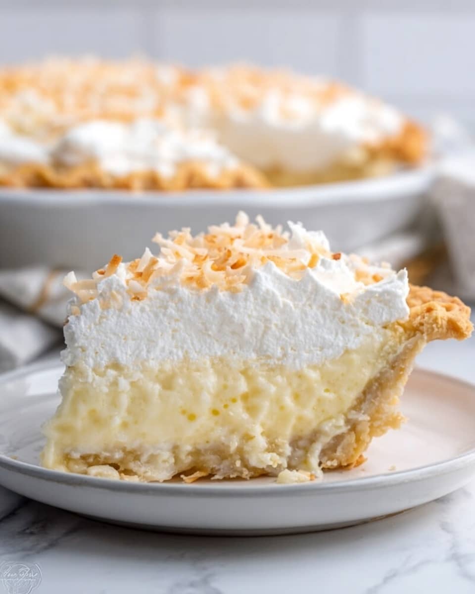 The image shows a close-up side view of a single slice of creamy coconut pie on a white plate, placed on a white marbled surface. The pie slice has three visible layers: the bottom layer is a golden-brown flaky crust, the middle layer is a smooth, thick pale yellow custard with small bits of coconut, and the top layer is a fluffy, white whipped cream sprinkled lightly with shredded coconut. In the background, the full pie in a white pie dish is slightly out of focus, highlighting the slice in front. The lighting is soft and natural, making the textures and colors look fresh and inviting. Photo taken with an iphone --ar 4:5 --v 7