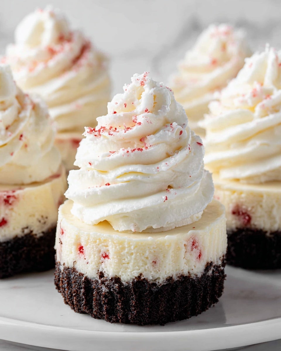 Mini cheesecakes are shown in close up, each with two main layers and a whipped cream topping. The bottom layer is dark brown with a crumbly texture, resembling a chocolate cookie crust. The middle layer is thick and creamy, off-white with small red specks mixed in, giving a slightly berry-like look. On top of each cheesecake is a large swirl of white whipped cream, piped in a tight spiral, with a few fine red sprinkles on the cream. The cheesecakes sit on a white plate over a white marbled surface. The focus is on one cheesecake in the center, with others softly blurred in the background. Photo taken with an iphone --ar 4:5 --v 7