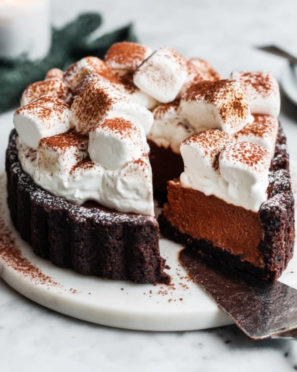 A rich chocolate tart sits on a white marbled surface, showing a thick dark chocolate crust that forms the base and sides. Inside the crust is a smooth, dense chocolate filling with a deep brown color. On top of this filling is a thick layer of white whipped cream, evenly spread and fluffy in texture. The whipped cream is decorated with large, soft marshmallows dusted lightly with cocoa powder, adding a touch of light brown color. A piece of the tart is cut out, revealing the layers clearly, and a metal spatula rests beside it. The overall look is shiny and fresh, with a cozy winter feel. Photo taken with an iphone --ar 4:5 --v 7