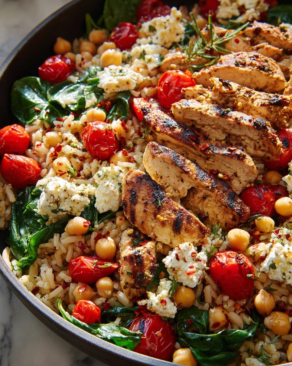 A close-up view of a white dish filled with a colorful mix of ingredients layered together: the base is light brown cooked rice dotted with pale beige chickpeas; scattered on top are bright red halved cherry tomatoes and fresh dark green spinach leaves. Sitting on the surface are golden-brown grilled chicken strips with a slightly charred texture and sprinkled with red chili flakes, alongside off-white feta cheese chunks with green herbs. The dish is presented on a white marbled surface with natural lighting highlighting the vibrant, fresh ingredients. photo taken with an iphone --ar 4:5 --v 7