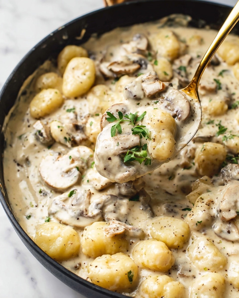 A close-up of a creamy dish in a black pan on a white marbled surface, showing two main layers: the first layer consists of plump, round gnocchi pieces that are pale yellow with a soft, smooth texture, evenly spread across the pan, mixed with thin slices of light brown mushrooms that have a slightly shiny, tender look; the second layer is a thick, white cream sauce that coats both gnocchi and mushrooms uniformly, speckled with small bits of green herbs and black pepper, giving a rich and smooth texture. A gold spoon holds up a serving of the dish, showing a few gnocchi pieces and mushrooms covered in the sauce, topped with a tiny bit of fresh green herb for garnish. Photo taken with an iphone --ar 4:5 --v 7