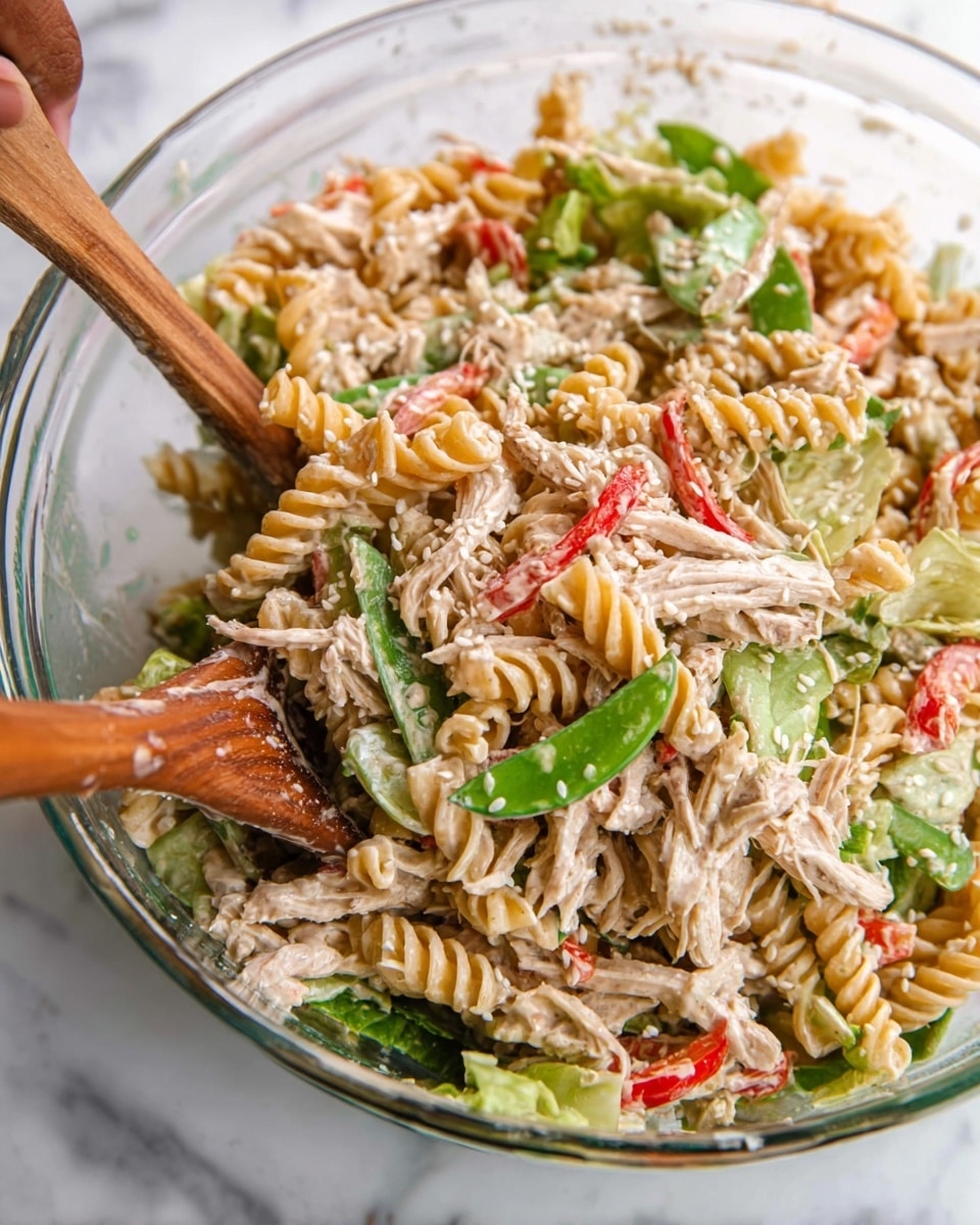 The image shows a close-up of a pasta salad inside a clear glass bowl. The salad has three visible layers: the base layer is a mix of twisted fusilli pasta in a light yellow color combined with thin brown noodles. Scattered throughout are slices of green snap peas and green lettuce leaves with a crisp texture. Thin red bell pepper strips and small bits of red veggies are mixed evenly in the salad. Shredded white chicken pieces are spread throughout, coated lightly in a creamy dressing, giving a somewhat glossy look to the ingredients. White sesame seeds are sprinkled on top for texture and color contrast. The bowl is being mixed with two wooden spoons, one of which is held by a woman's hand, all placed on a white marbled surface. photo taken with an iphone --ar 4:5 --v 7