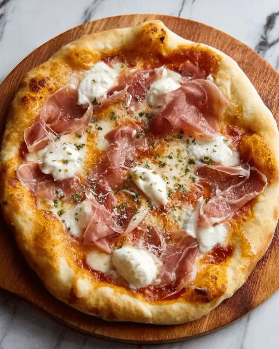 The image shows a round pizza with a golden-brown crust that is thick and puffy around the edges. It has a layer of red tomato sauce at the base, topped with melted white cheese that is bubbly and slightly browned in some spots. On top of the cheese are irregular pieces of creamy white mozzarella, scattered across the surface. Thin slices of light pink prosciutto are spread evenly over the pizza. There is a sprinkle of green herbs on top, adding small flecks of color. The pizza is placed on a wooden board, set on a white marbled surface. Photo taken with an iphone --ar 4:5 --v 7