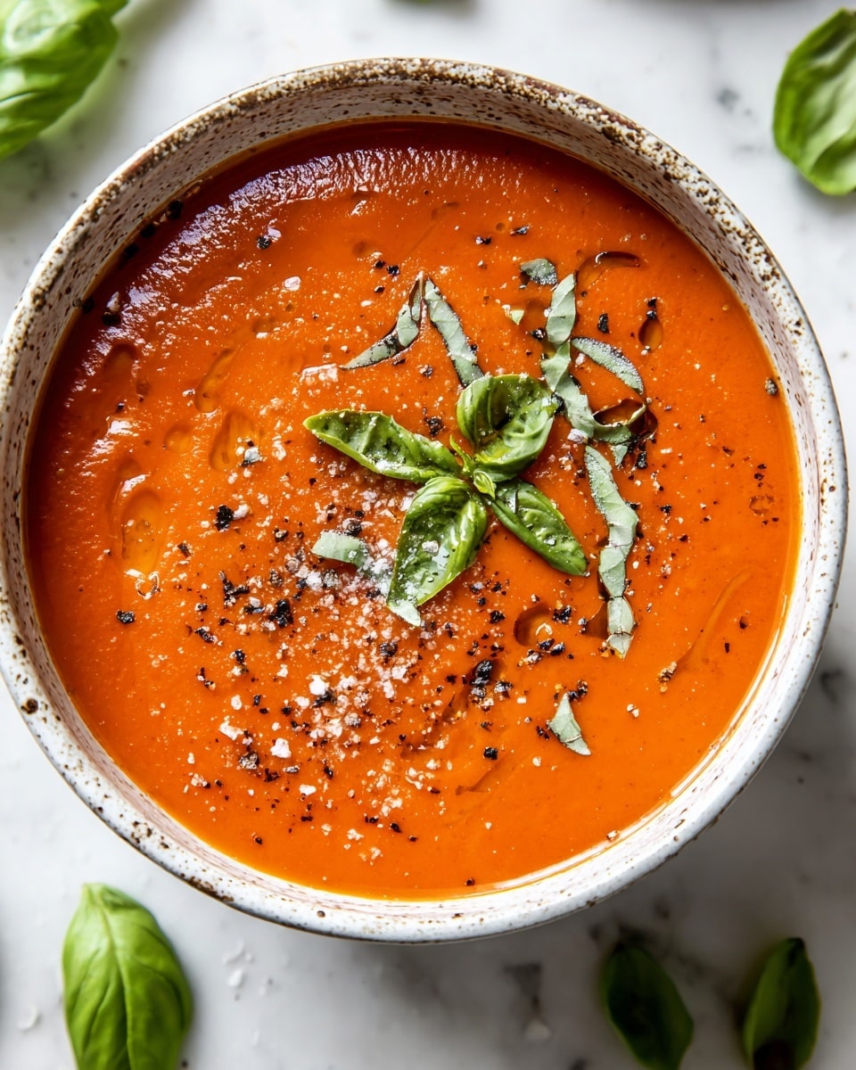 A bowl filled with smooth, bright orange-red tomato soup with a creamy texture, topped with scattered coarse salt, crushed black pepper, a drizzle of olive oil, and fresh green basil leaves both torn and whole at the center. The bowl is white with brown speckles, sitting on a white marbled surface with more green basil leaves around it. Photo taken with an iphone --ar 4:5 --v 7