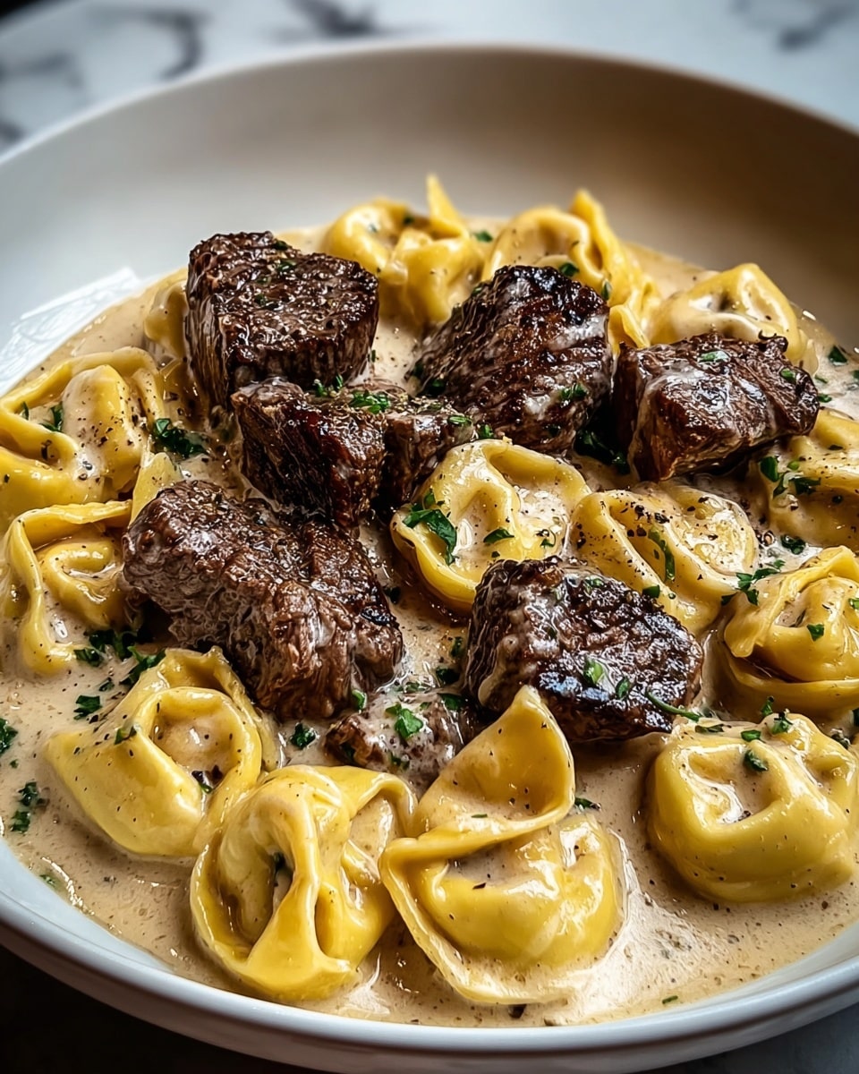 A white plate filled with layers of food starting with a creamy beige sauce as the base, thick and smooth in texture. On top of the sauce, there is a layer of yellow tortellini pasta with neat folds and soft edges, scattered around the plate. Dark brown pieces of grilled beef with a seared, slightly crispy texture are placed on top, partially covered with the creamy sauce. Small green herb bits are sprinkled unevenly over the beef and pasta, adding a fresh touch. The scene is set against a white marbled surface, making the dish look rich and appetizing. Photo taken with an iphone --ar 4:5 --v 7