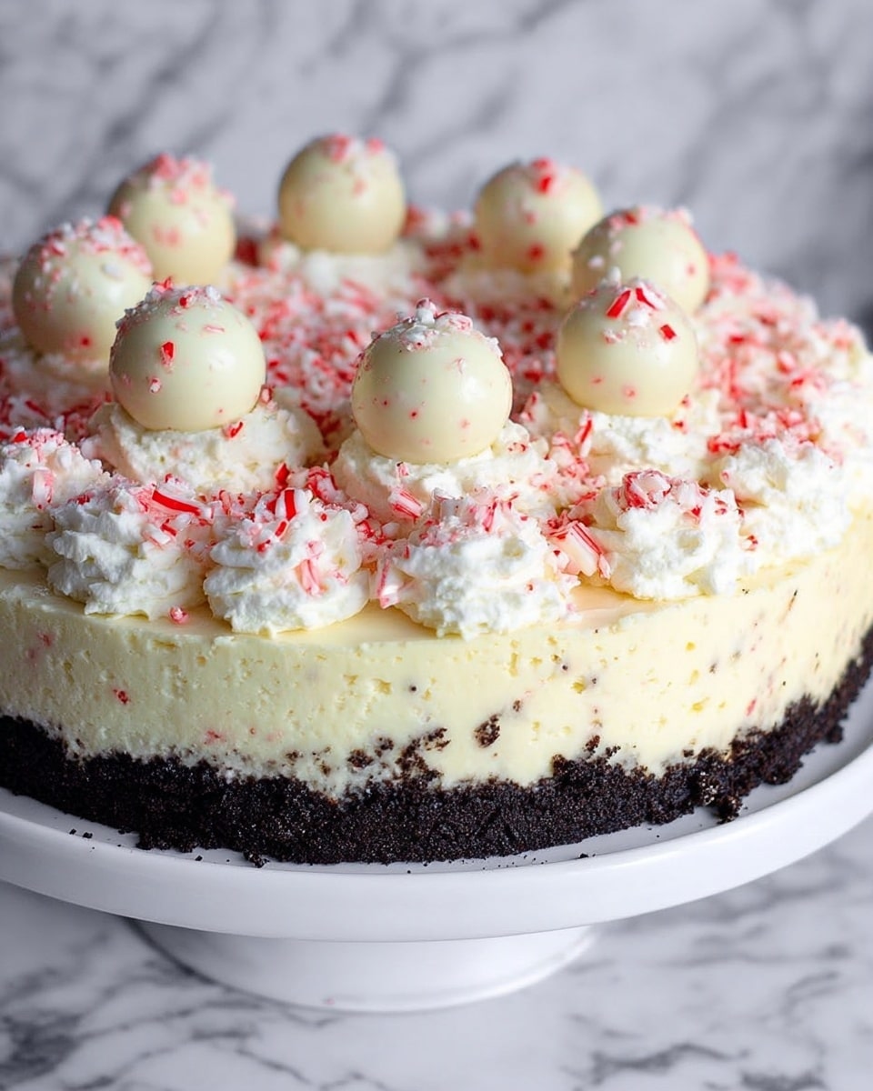 The image shows a round cake with three visible layers on a white cake stand against a white marbled surface. The bottom layer is dark and crumbly, likely an Oreo or chocolate crust. The middle layer is pale yellow and creamy, with a smooth texture. The top layer is white whipped cream, decorated with small dollops around the edge and sprinkled with crushed red and white peppermint candy pieces. The center is adorned with six round white chocolate balls with small peppermint bits inside. The cake looks festive and textured with a mix of smooth cream and crunchy candy. photo taken with an iphone --ar 4:5 --v 7