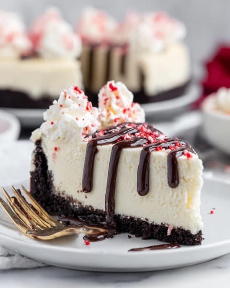 The image shows a slice of creamy white cheesecake on a white plate with a gold fork beside it. The cheesecake has two layers: a dark, crumbly chocolate crust at the bottom and a thick, smooth white cheesecake layer on top. The top of the cheesecake is decorated with a drizzle of dark chocolate sauce dripping down the sides and small red sprinkles scattered on the surface. In the background, there are blurred slices of cheesecake with white whipped topping and red toppings. The plate sits on a white marbled texture surface. Photo taken with an iphone --ar 4:5 --v 7