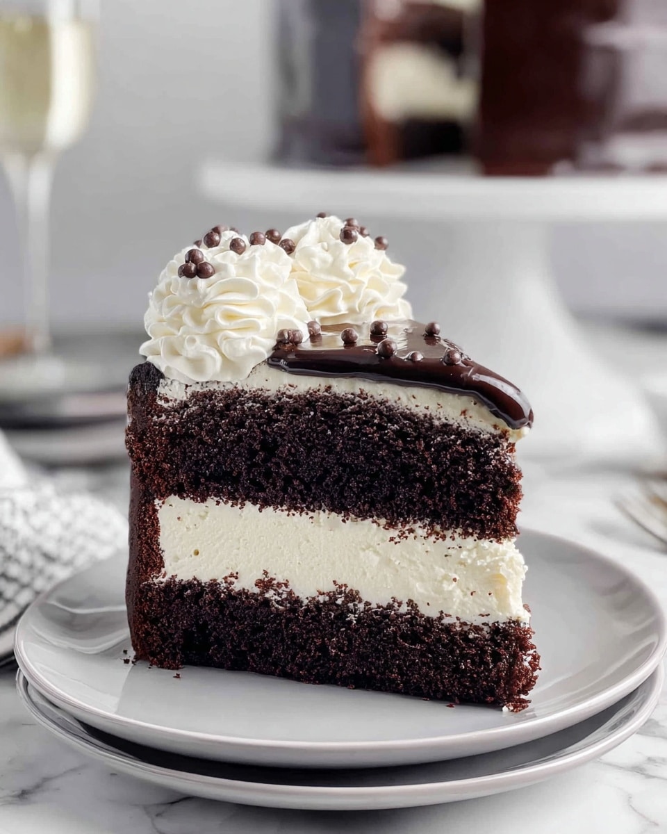 A single slice of chocolate layer cake sits on a stack of two white plates, set against a white marbled surface. The cake has three main layers: the bottom and middle are dark, rich chocolate sponge, and the two layers in between and on top are thick, creamy white frosting. On top of the cake slice is a shiny, dark chocolate glaze that covers the frosting layer, with a generous swirl of white whipped cream decorated with small chocolate balls. The background is softly blurred, showing more of the whole chocolate cake on a white cake stand and some out-of-focus items. photo taken with an iphone --ar 4:5 --v 7