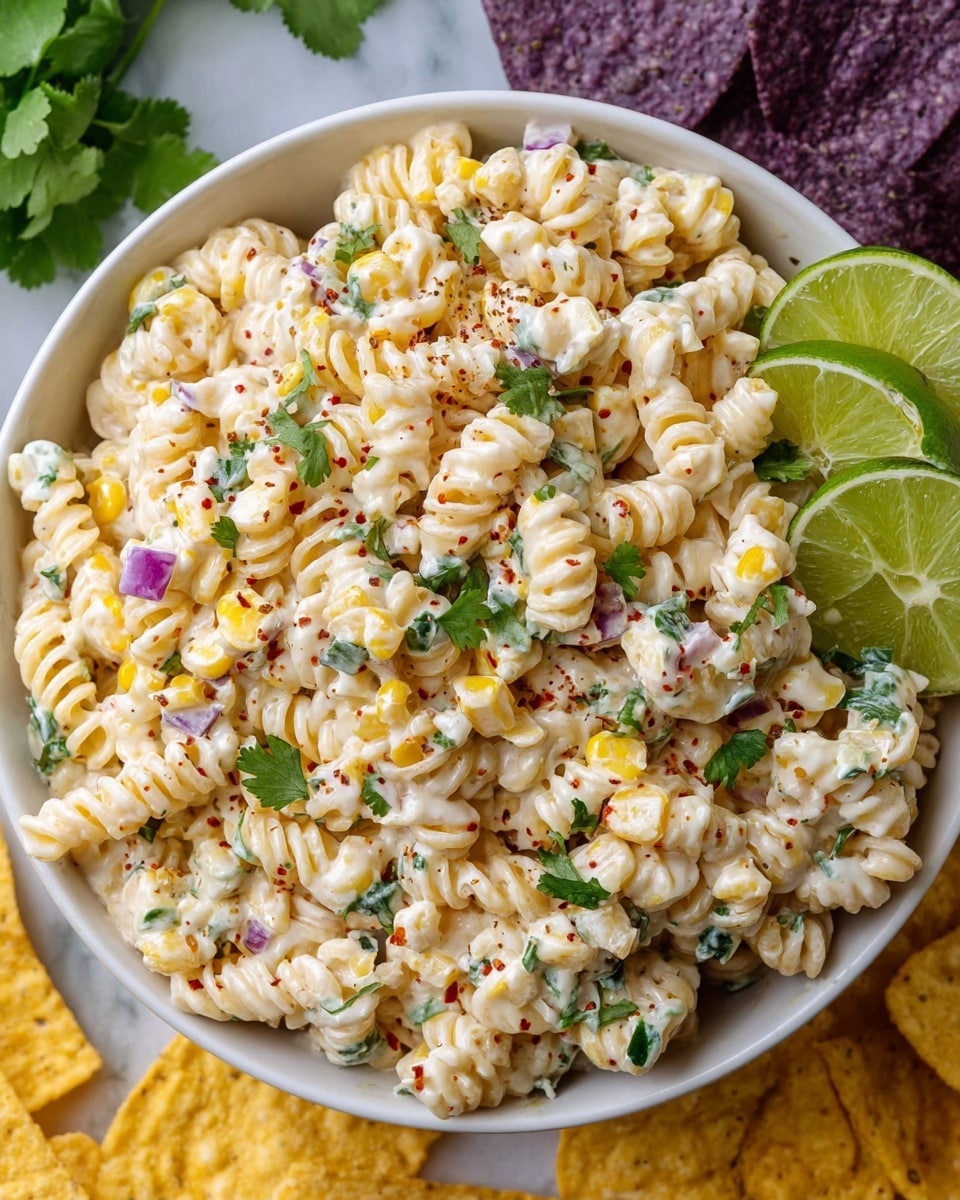 The image shows a white bowl filled with creamy macaroni salad made of spiral pasta mixed with small yellow corn pieces, purple onion bits, and green jalapeno slices, all coated in a white creamy sauce speckled with red chili flakes. Fresh green cilantro leaves are scattered on top for color contrast. On the side of the bowl, three lime wedges with bright green skin and light green flesh are neatly placed. The bowl is set on a white marbled surface surrounded by yellow and purple corn tortilla chips with some fresh cilantro leaves nearby. photo taken with an iphone --ar 4:5 --v 7