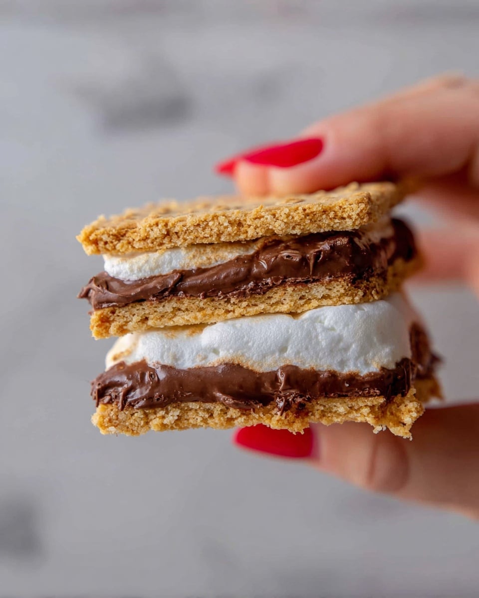 A close-up image of a s'mores sandwich held by a woman's hand with red nail polish, showing three layers: the top and bottom layers are golden, crumbly graham crackers with a rough texture, and the middle layers consist of a thick, smooth, dark brown chocolate layer and a fluffy, white marshmallow layer on top of it. The background features a white marbled texture, keeping the focus on the detailed texture of the s'mores and the woman's hand. Photo taken with an iphone --ar 4:5 --v 7