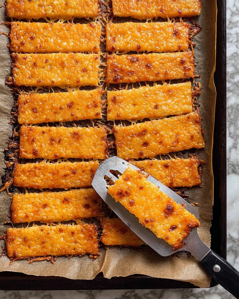 A tray lined with golden orange cheese crisps that are rectangular and evenly spaced in rows, each piece showing a slightly bubbly, crispy texture on top with melted cheese edges browned and slightly crunchy on the sides, resting on a baking paper set on a black tray over a white marbled surface. A metal spatula with a black handle is lifting three of the cheese crisps, showing the thin, crispy, and slightly oily texture, while the rest remain laid out in neat rows with some slight charring around the edges. photo taken with an iphone --ar 4:5 --v 7