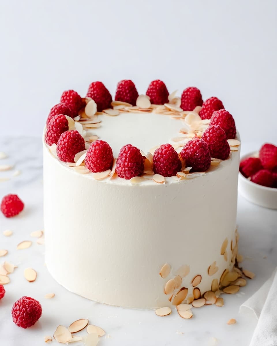 A tall, round cake covered smoothly in white frosting stands on a white marbled surface. The top layer is decorated with a ring of bright red raspberries, each placed side by side near the edge, along with thin, light brown almond slices scattered between the raspberries. Around the cake on the surface, there are some loose raspberries and almond slices, adding detail to the scene. The background is clean and white, putting full focus on the cake’s simple yet elegant look. Photo taken with an iphone --ar 4:5 --v 7
