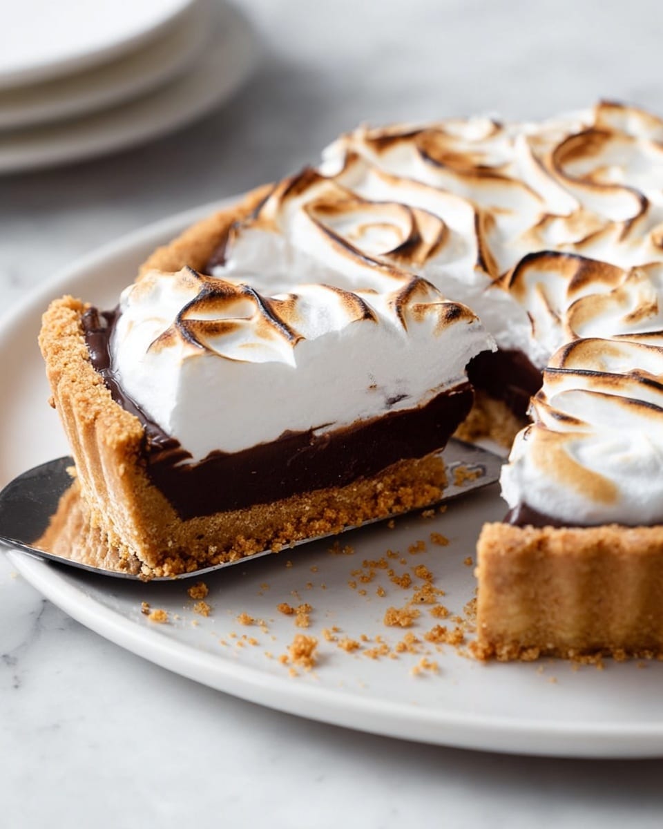 The image shows a pie with three clear layers placed on a white plate against a white marbled texture. The bottom layer is a crumbly golden brown crust that forms the base and sides of the pie. Above that is a thick, smooth, dark chocolate filling that looks rich and dense. On top, there is a thick layer of white toasted meringue with swirled peaks that have light brown, golden spots. A slice is being lifted from the pie with a metal spatula, showing the layers clearly, and some crumbs are scattered on the plate. photo taken with an iphone --ar 4:5 --v 7