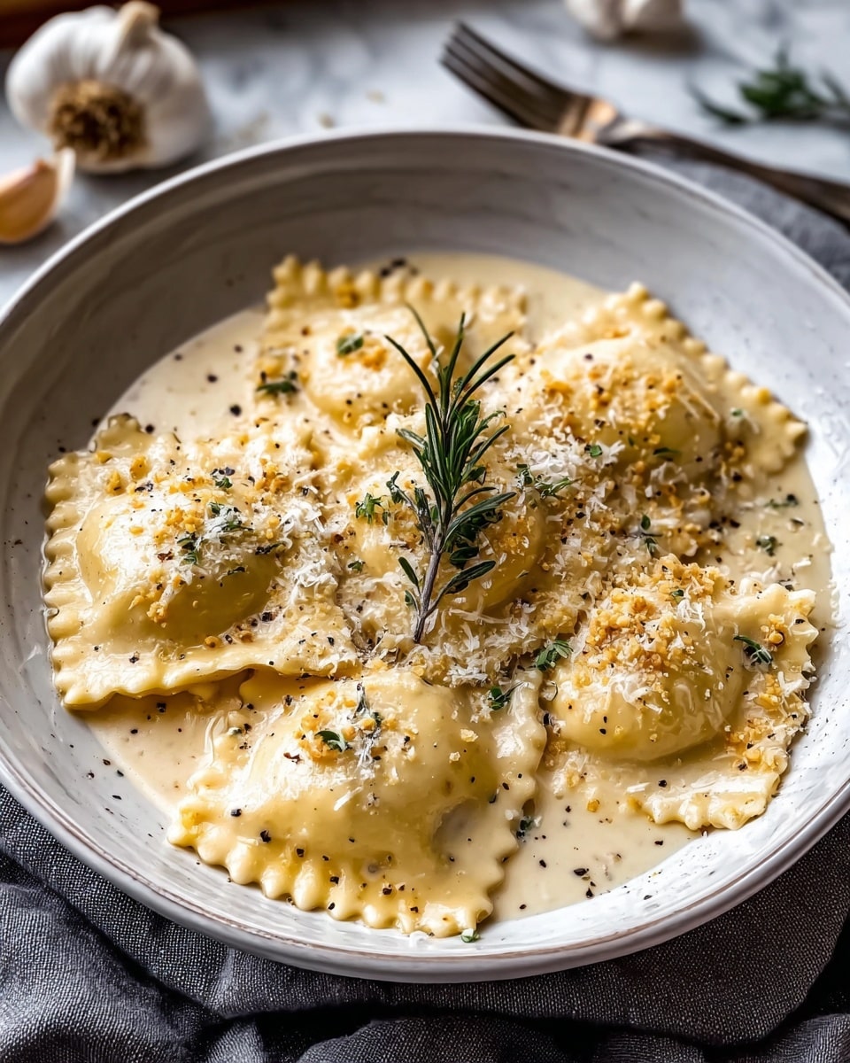 A shallow white bowl filled with seven large, square ravioli with scalloped edges, all coated in a creamy light beige sauce that pools around them. The ravioli have a soft texture and a pale yellow color. On top, sprinkled lightly, is grated parmesan cheese and small bits of toasted breadcrumbs, adding a crumbly texture. Tiny specks of black pepper are scattered across the dish. A small sprig of fresh green rosemary is placed neatly in the center as a garnish. The bowl sits on a white marbled surface with a rustic silver fork and a couple of garlic cloves slightly blurred in the background. photo taken with an iphone --ar 4:5 --v 7