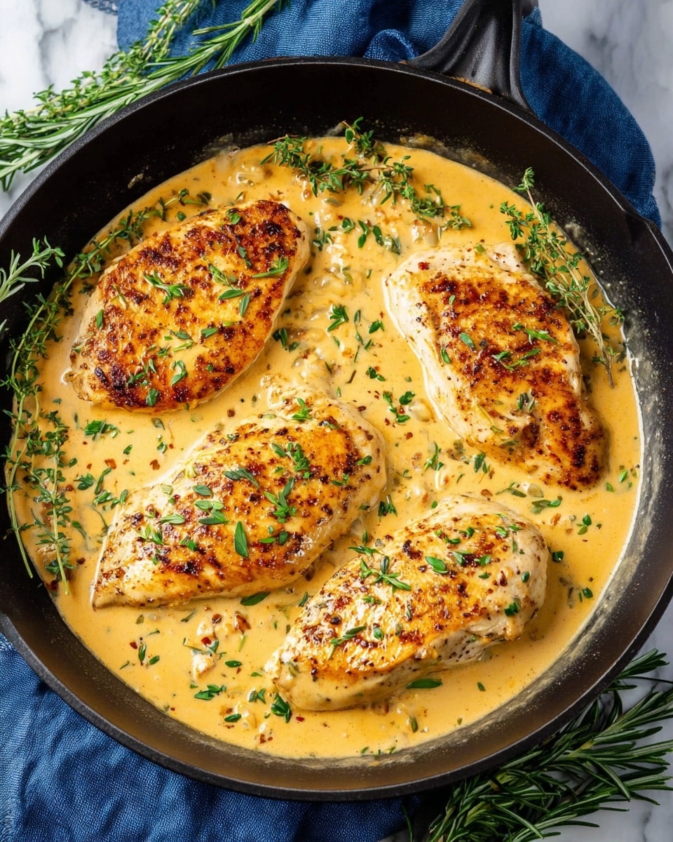 A black skillet filled with four pieces of golden-brown cooked chicken breasts, sitting in a thick creamy yellow sauce with small bits of herbs and spices. The chicken is garnished with fresh green chopped herbs scattered on top. The skillet is placed on a blue cloth with sprigs of fresh rosemary and thyme beside it, all set on a white marbled surface. photo taken with an iphone --ar 4:5 --v 7