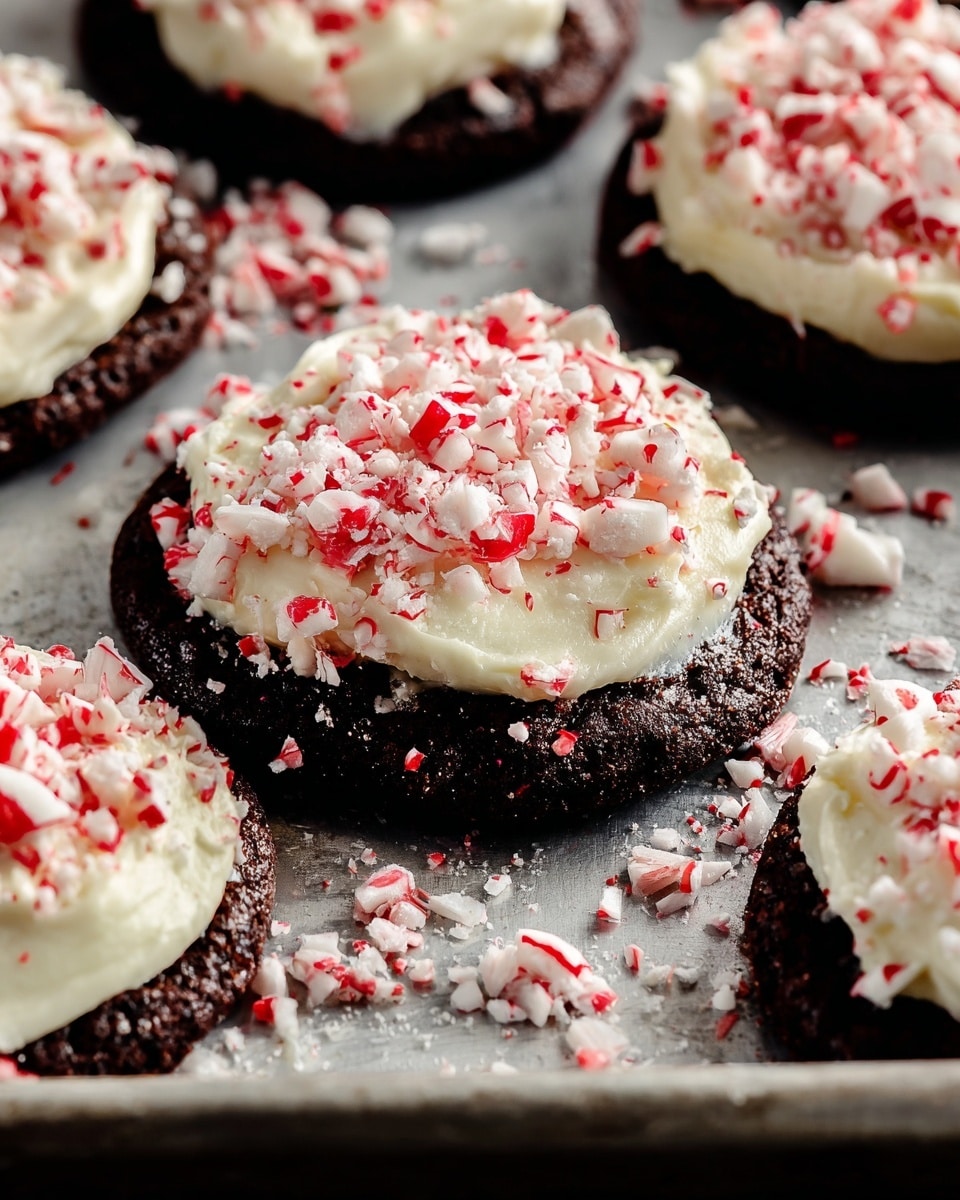 A close-up view of round chocolate cookies placed on a metal baking tray, each cookie showing two layers: the bottom dark brown soft cookie base and the top thick white creamy frosting spread unevenly, topped with a generous sprinkle of crushed red and white peppermint candy pieces scattered both on the frosting and around the tray; the cookies have a rough and homemade look with bright contrasting colors against the dark tray. Photo taken with an iphone --ar 4:5 --v 7