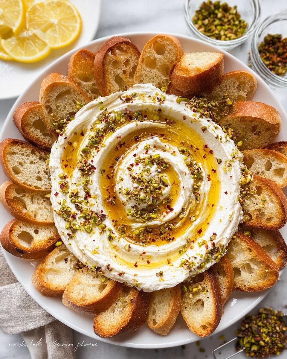 A white plate holds a spread of creamy white cheese arranged in a swirled circle at the center, topped with a golden honey drizzle that collects in the middle and sparkles, sprinkled with small green chopped pistachios and tiny red chili flakes adding texture and color contrast. Around the cheese, there is a single layer of toasted baguette slices, golden brown with visible crunchy texture and light holes from the bread's crumb, all neatly placed close to each other, covering the plate’s rim. To the side on a white marbled surface, there are additional small clear bowls containing crushed pistachios and chili flakes, along with lemon halves on a small white plate. photo taken with an iphone --ar 4:5 --v 7