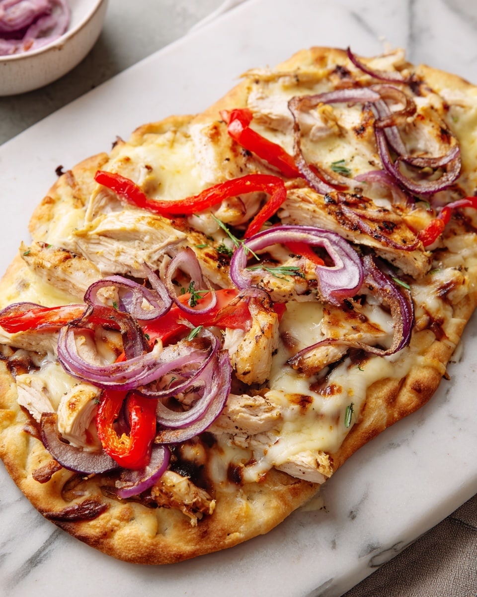 The image shows a flatbread pizza on a white marbled surface. The flatbread base is golden brown and slightly crispy. On top, there is a layer of melted cheese with a gooey texture, followed by pieces of grilled chicken that are light golden with some char marks. Bright red strips of bell pepper are spread evenly over the chicken, adding a fresh crunch. Thin rings of purple-red onion sit on top, some slightly caramelized with a glossy finish. The pizza is rustic and free-form in shape, with an inviting mix of warm colors and textures. Photo taken with an iphone --ar 4:5 --v 7