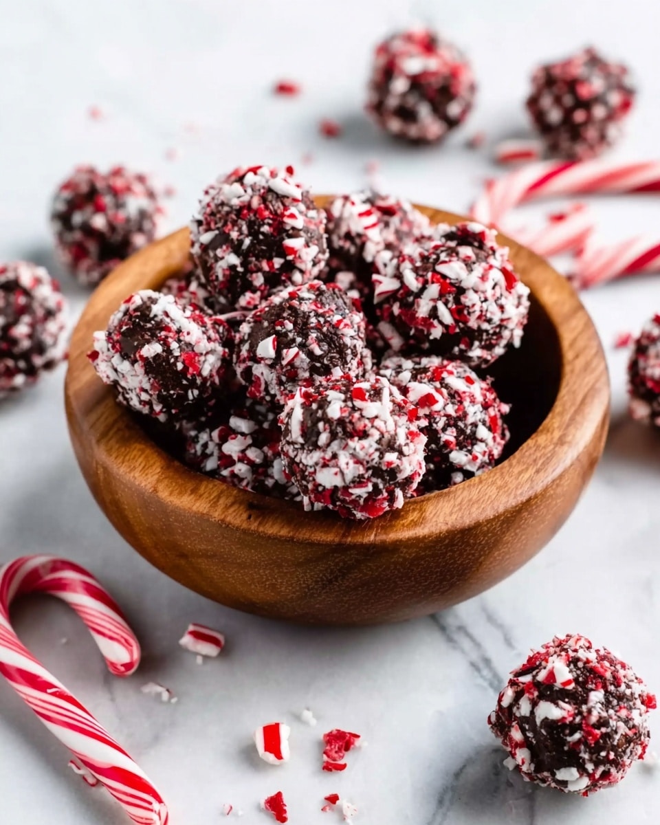 A wooden bowl filled with dark chocolate balls coated with crushed red and white candy cane pieces. More chocolate balls with the same coating are scattered around the bowl. Several whole candy canes lie flat on the white marbled surface around the bowl. The candy cane coating creates a mix of red, white, and dark brown textures that contrast with the smooth wooden bowl and white marbled background. Photo taken with an iphone --ar 4:5 --v 7