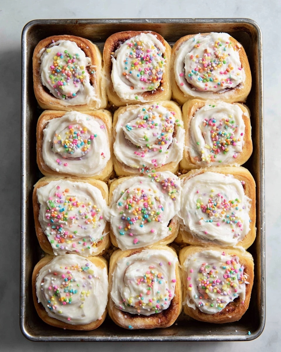 A metal baking tray holds twelve cinnamon rolls placed close together in a 3 by 4 grid. Each roll has three visible layers: the bottom golden-brown baked dough with a light swirl pattern, a smooth, thick layer of white cream cheese frosting spread on top, and a final layer of small round pastel-colored sprinkles scattered across the frosting. The background is a white marbled texture. photo taken with an iphone --ar 4:5 --v 7