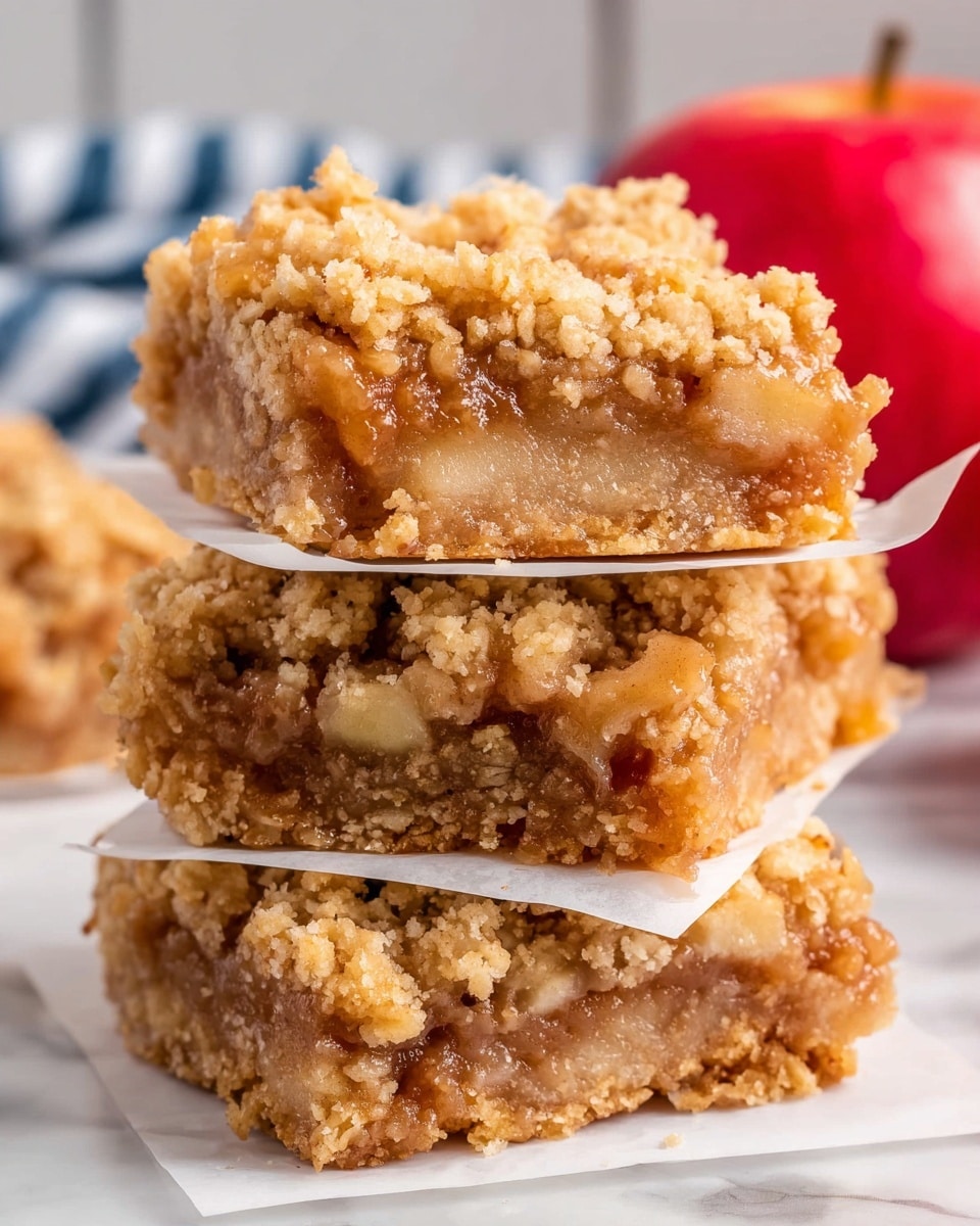 A stack of three thick, crumbly apple crumb bars is shown, each separated by a white piece of parchment paper. Each bar has a rough textured, golden-brown crumb topping with visible oats and small chunks of soft, cooked apple inside. The bars have a slightly sticky, moist look where the apples blend with the crumb layers. They rest on a white marbled surface with a blurred red apple and a blue-striped cloth in the background. The photo taken with an iphone --ar 4:5 --v 7