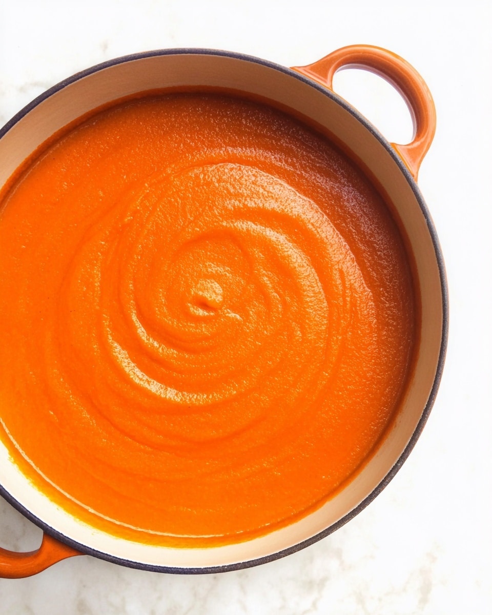 A close-up top view of a smooth, thick, bright orange soup filling a white enamel pot with an orange handle. The soup has a slight swirl texture on its surface, giving it a creamy and velvety look. The pot sits on a white marbled texture background. photo taken with an iphone --ar 4:5 --v 7