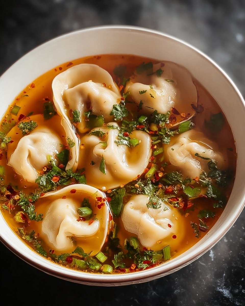 A round white bowl filled with a hot, clear orange broth holds about eight plump dumplings with smooth, pale beige skins, each slightly folded and nestled closely together. Floating in the broth are bright green chopped scallions and small pieces of herbs, adding fresh color and texture. Tiny red chili flakes are sprinkled gently over the soup, and delicate steam rises from the bowl, giving a warm, inviting feel. The bowl sits on a white marbled surface, enhancing the contrast of the dish’s colors. Photo taken with an iphone --ar 4:5 --v 7