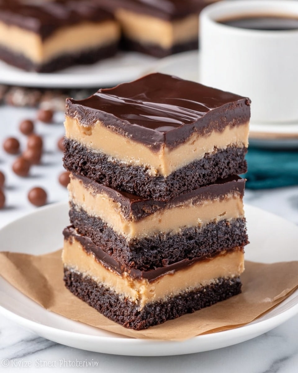 Three square bars are stacked on a white plate with a paper doily and brown parchment underneath. Each bar has three layers: a thick, dark brown, soft brownie base with a rough texture at the bottom, a middle layer of smooth, light tan peanut butter cream, and a top layer of shiny, dark chocolate ganache that looks firm and smooth with slight wavy ridges. In the background is a white cup and scattered round chocolate balls, all on a white marbled surface. photo taken with an iphone --ar 4:5 --v 7