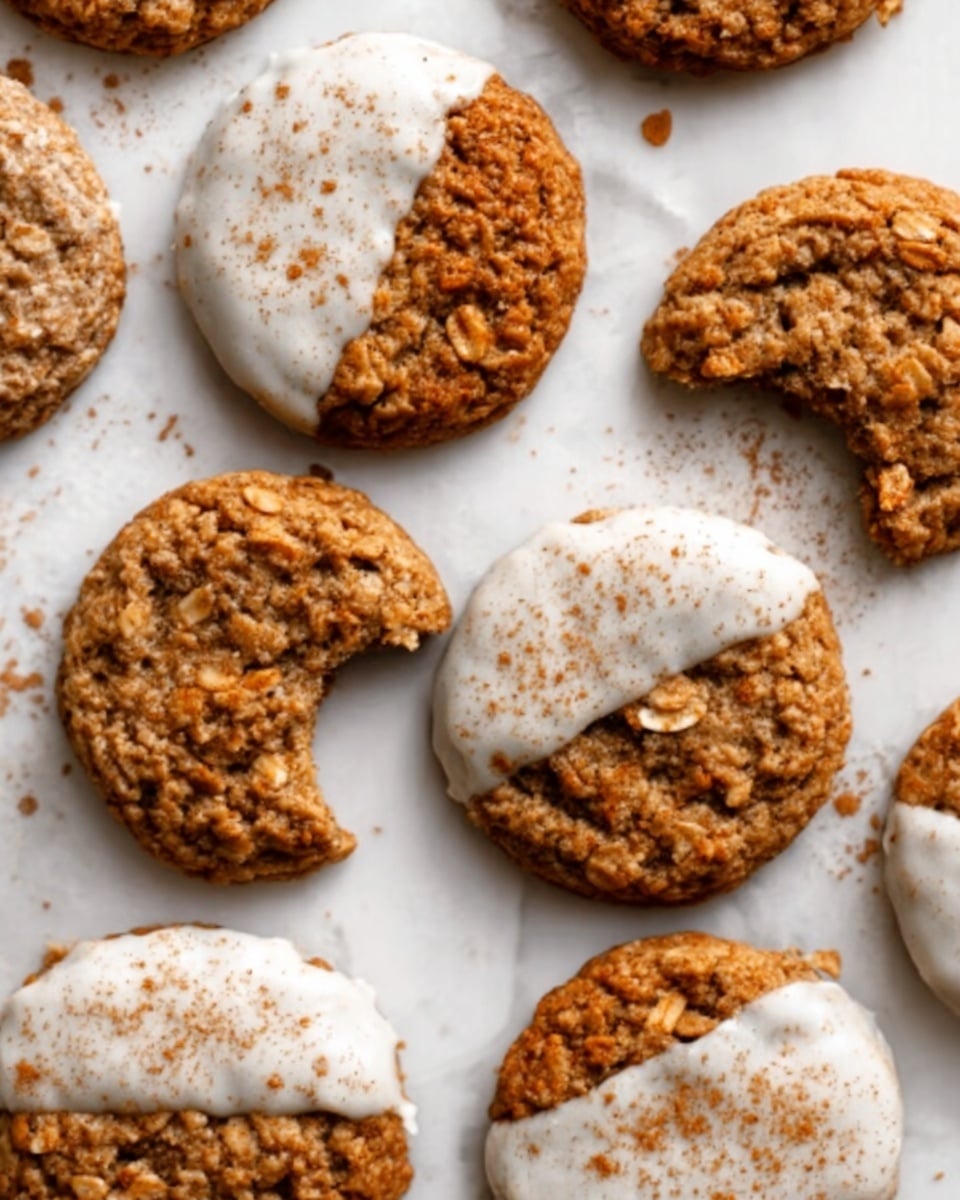 The image shows several round oatmeal cookies arranged on a white marbled surface. Each cookie is about one layer thick with a rough, crumbly texture. Some cookies are half-dipped in white icing, with a light dusting of cinnamon or a similar spice on the icing, giving a gentle brown contrast. The cookies have a warm brown color with visible oats and slight cracks on the surface. One cookie has a bite taken out, showing a soft, chewy inside. Photo taken with an iphone --ar 4:5 --v 7