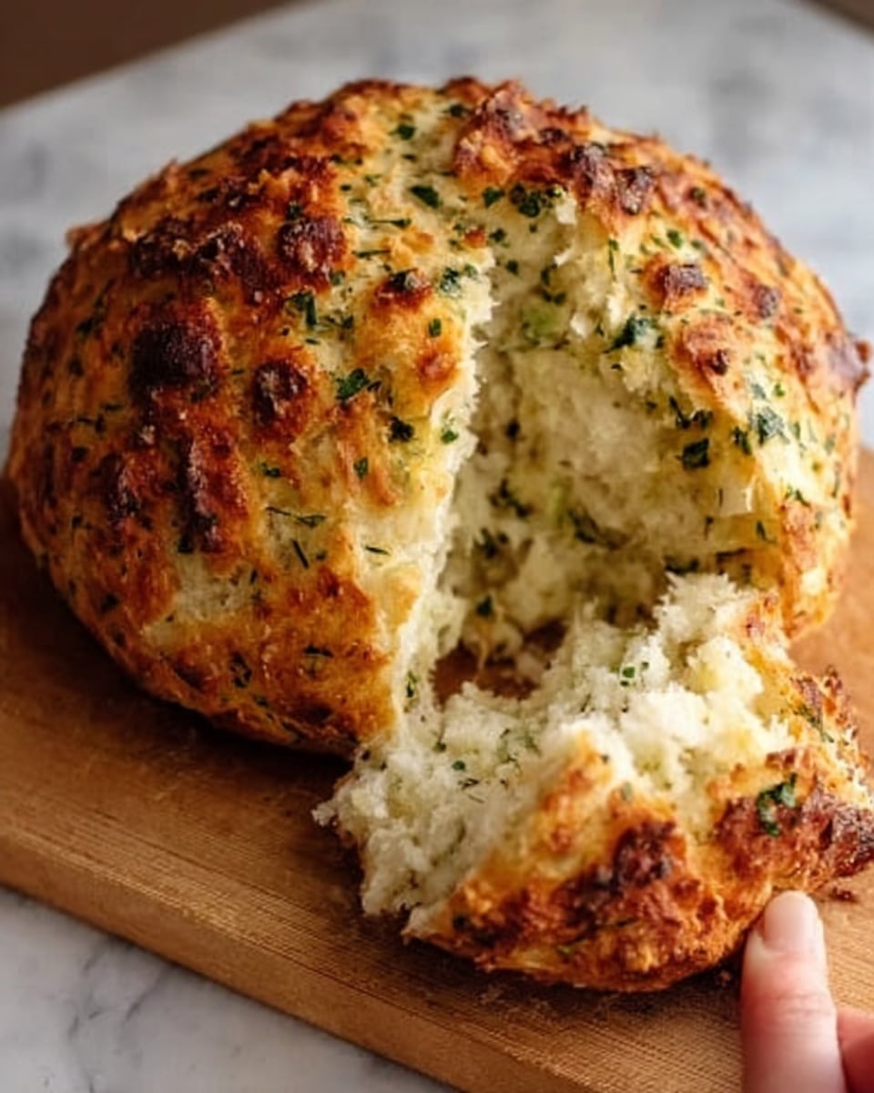 The image shows a round loaf of bread with a golden-brown crust and a slightly crispy texture. The bread is torn open, revealing a soft, fluffy inside with visible green herbs mixed throughout. The top has some browned spots and a sprinkle of what looks like cheese or seasoning. The bread sits on a wooden cutting board placed on a white marbled surface. A woman's hand is gently holding a piece of the torn bread. photo taken with an iphone --ar 4:5 --v 7