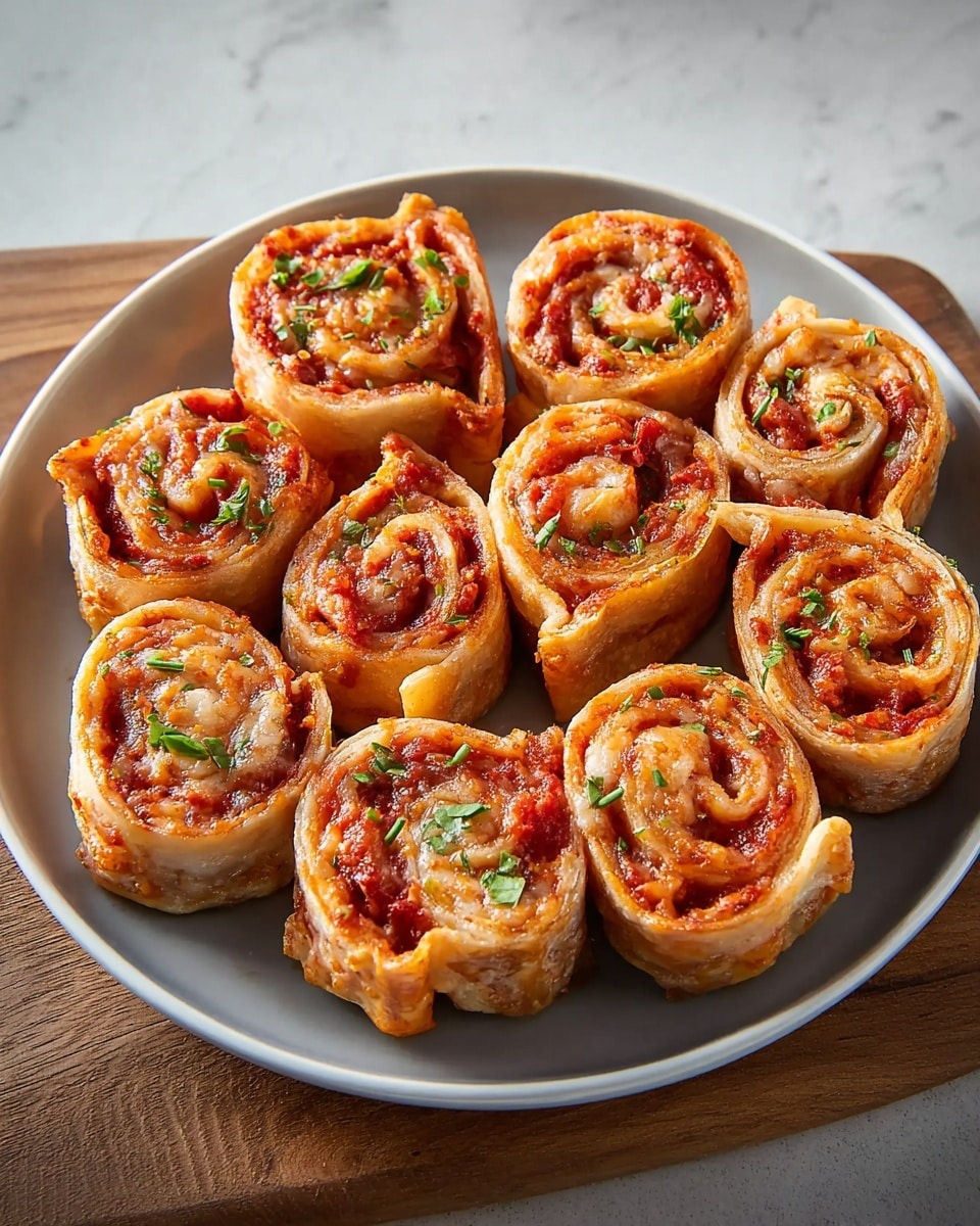 A round white plate holds eleven small rolled snacks that look like mini pizza rolls. Each roll has a light brown outer layer that is soft and slightly crispy, wrapped around inside layers of red tomato sauce and melted cheese, with bits of green herbs sprinkled on top for decoration. The rolls are placed close together, showing their spiral shape clearly. The plate is set on a wooden board, all on a white marbled textured surface. photo taken with an iphone --ar 4:5 --v 7