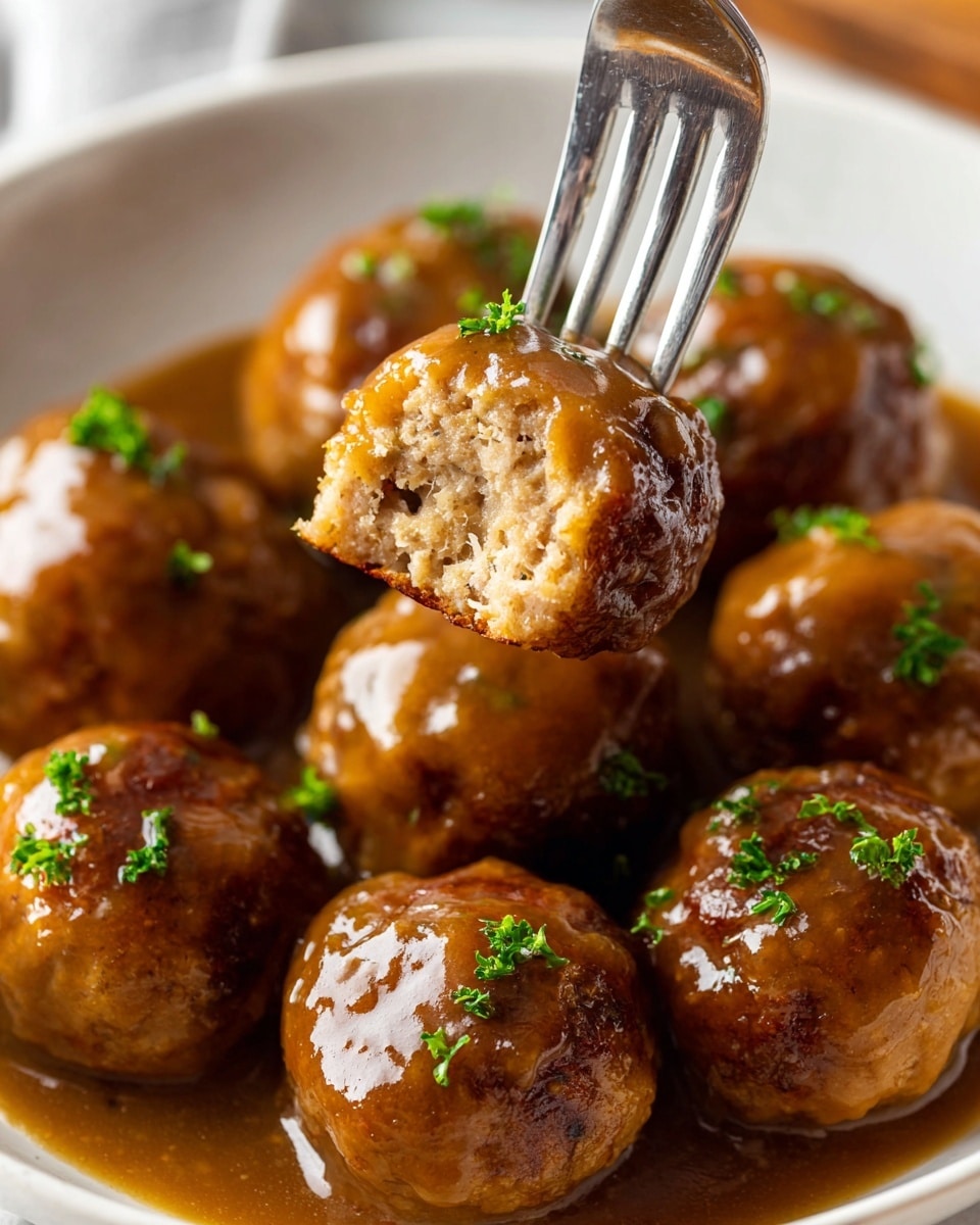 A close-up of several round meatballs coated in thick, glossy brown gravy and garnished with small green parsley pieces, arranged in a white bowl on a white marbled surface; one meatball is held by a silver fork, showing a tender, crumbly beige inside texture, while the surface of the meatballs is golden-brown and slightly crispy, with the gravy glistening under soft light. photo taken with an iphone --ar 4:5 --v 7
