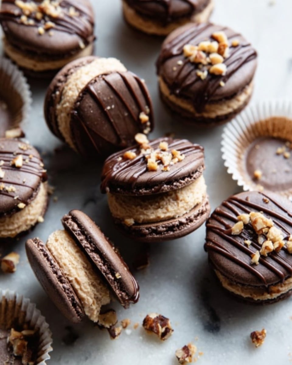 The image shows several chocolate macarons placed on a white marbled surface. Each macaron has two smooth, dark brown shells with a creamy, light brown filling sandwiched between them. Some macarons have chocolate drizzle lines and small crunchy nut pieces on top. A few macarons are partially eaten or have their top shells removed, revealing the creamy middle layer. Scattered around the macarons are empty, white paper cupcake liners, adding contrast to the dark chocolate tones. Photo taken with an iphone --ar 4:5 --v 7