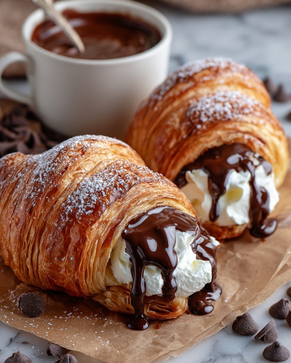 Two golden-brown croissants lie on a piece of brown parchment paper on a white marbled surface, each cut in half and filled with a thick layer of soft white cream and topped with glossy dark chocolate sauce dripping slightly over the edges. The croissants show many thin, crispy layers with a light dusting of powdered sugar on top. Scattered chocolate chips are visible around the croissants, and in the blurred background, a white cup filled with rich chocolate sauce holds a spoon. photo taken with an iphone --ar 4:5 --v 7